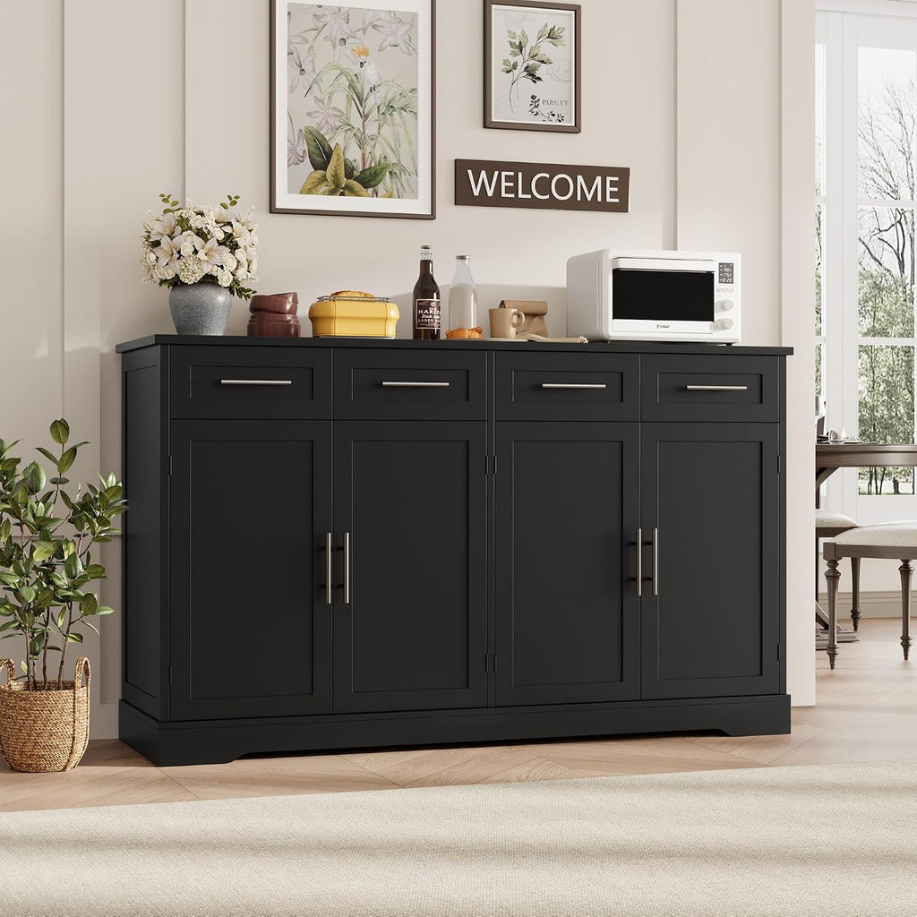 HOSTACK 60' Large Buffet Sideboard with Storage, 36' Tall Kitchen Buffet Storage Cabinet with 4 Drawer, Modern Coffee Bar Cabinet with Silver Handle, Long Sideboard Buffet Table for Kitchen, Black