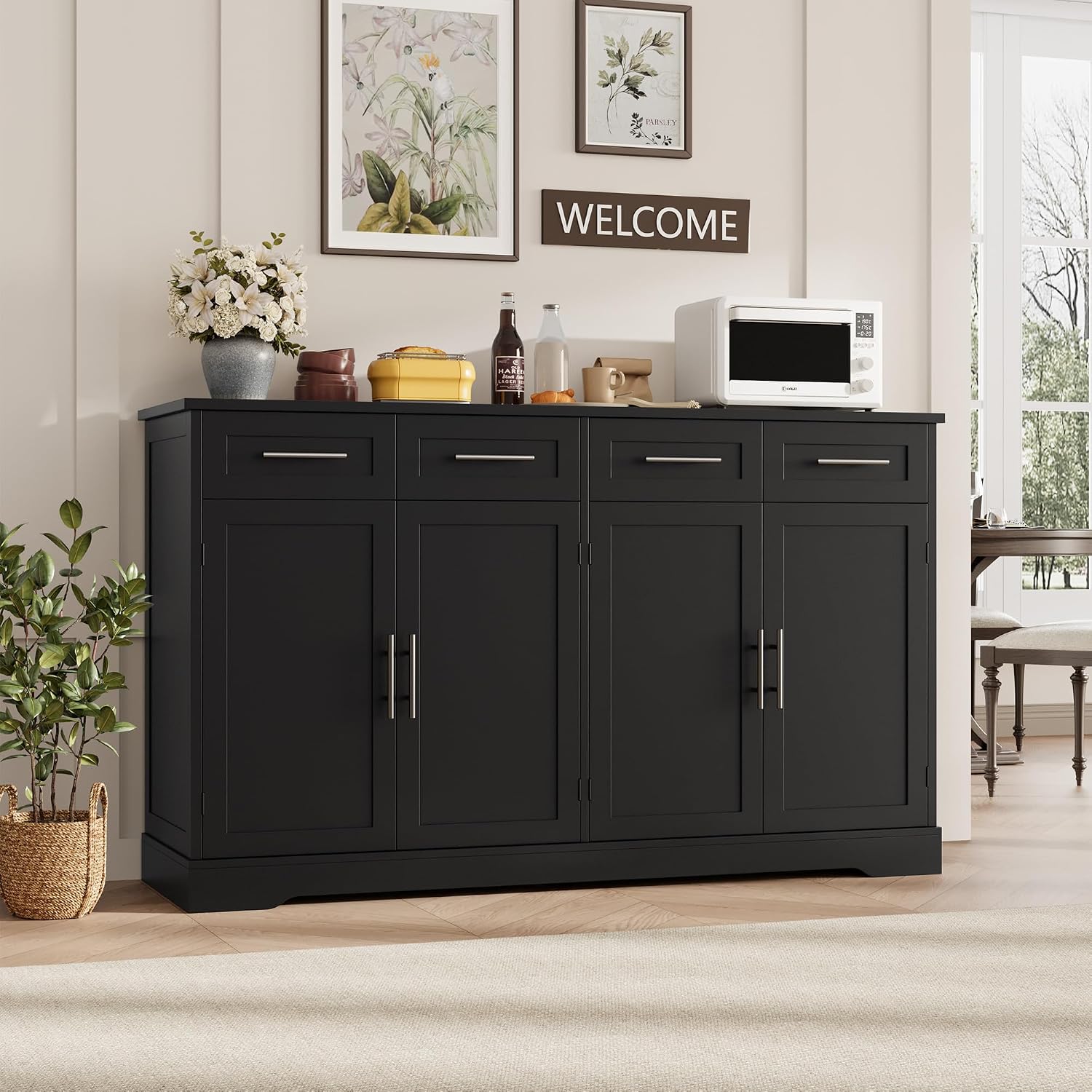 HOSTACK 60' Large Buffet Sideboard with Storage, 36' Tall Kitchen Buffet Storage Cabinet with 4 Drawer, Modern Coffee Bar Cabinet with Silver Handle, Long Sideboard Buffet Table for Kitchen, Black
