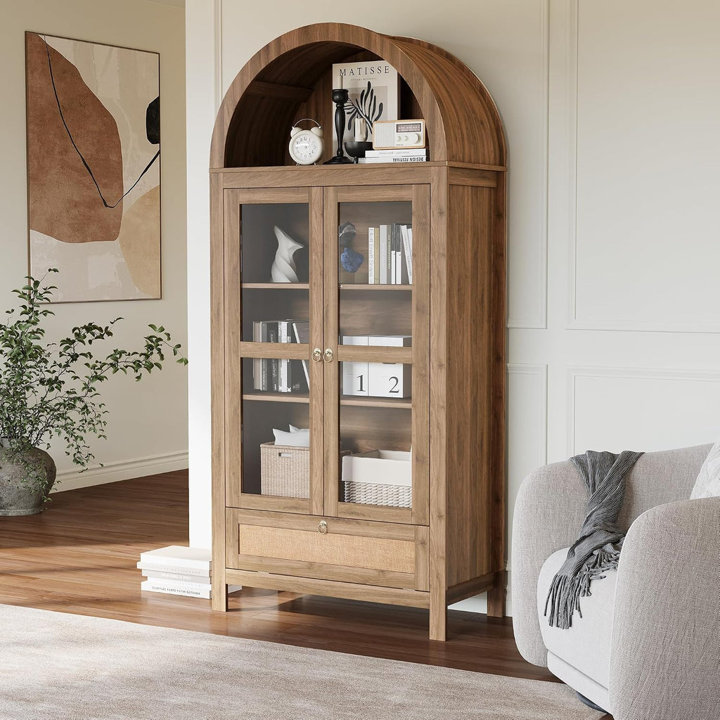 71' Tall Arched Kitchen Pantry Cabinet, Modern Farmhouse Hutch Storage Cabinets with Large Drawer and Glass Doors for Kitchen, Dining Room, Living Room, Natural