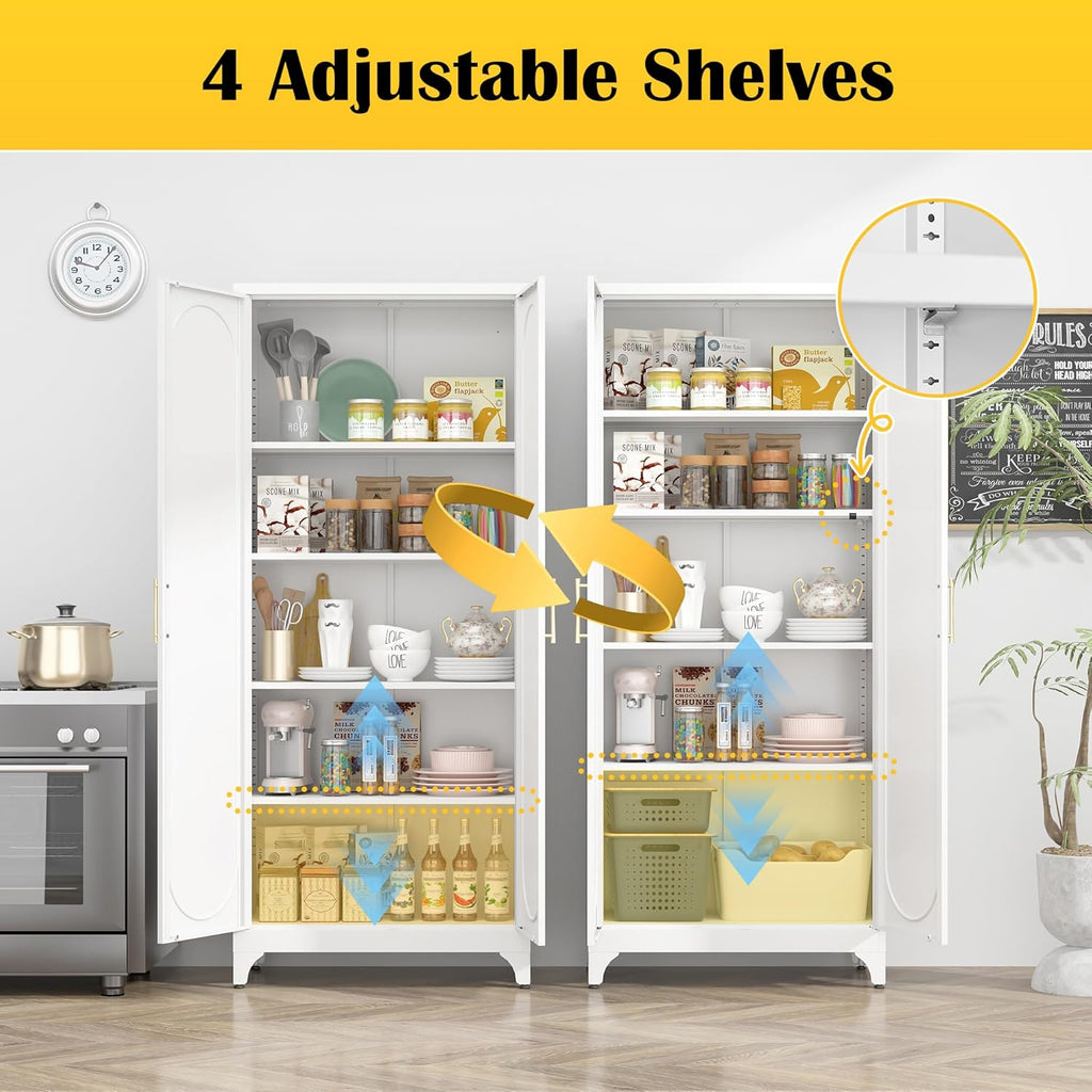 SteeLoong Kitchen Pantry Cabinet,75 Inch White Metal Storage Cabinet with Door and Adjustable, Tall Pantry Cabinets for Kitchen Storage,Cupboard for Living Room,Dining Room and Bathroom