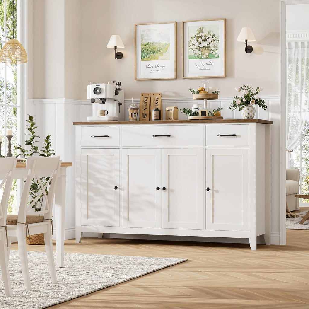 HORSTORS 55' Buffet Cabinet, Modern Farmhouse Sideboard Buffet with Drawers, Large Kitchen Storage Cabinet with Adjustable Shelves, Wood Coffee Bar for Kitchen, Dining Room, Living Room, White
