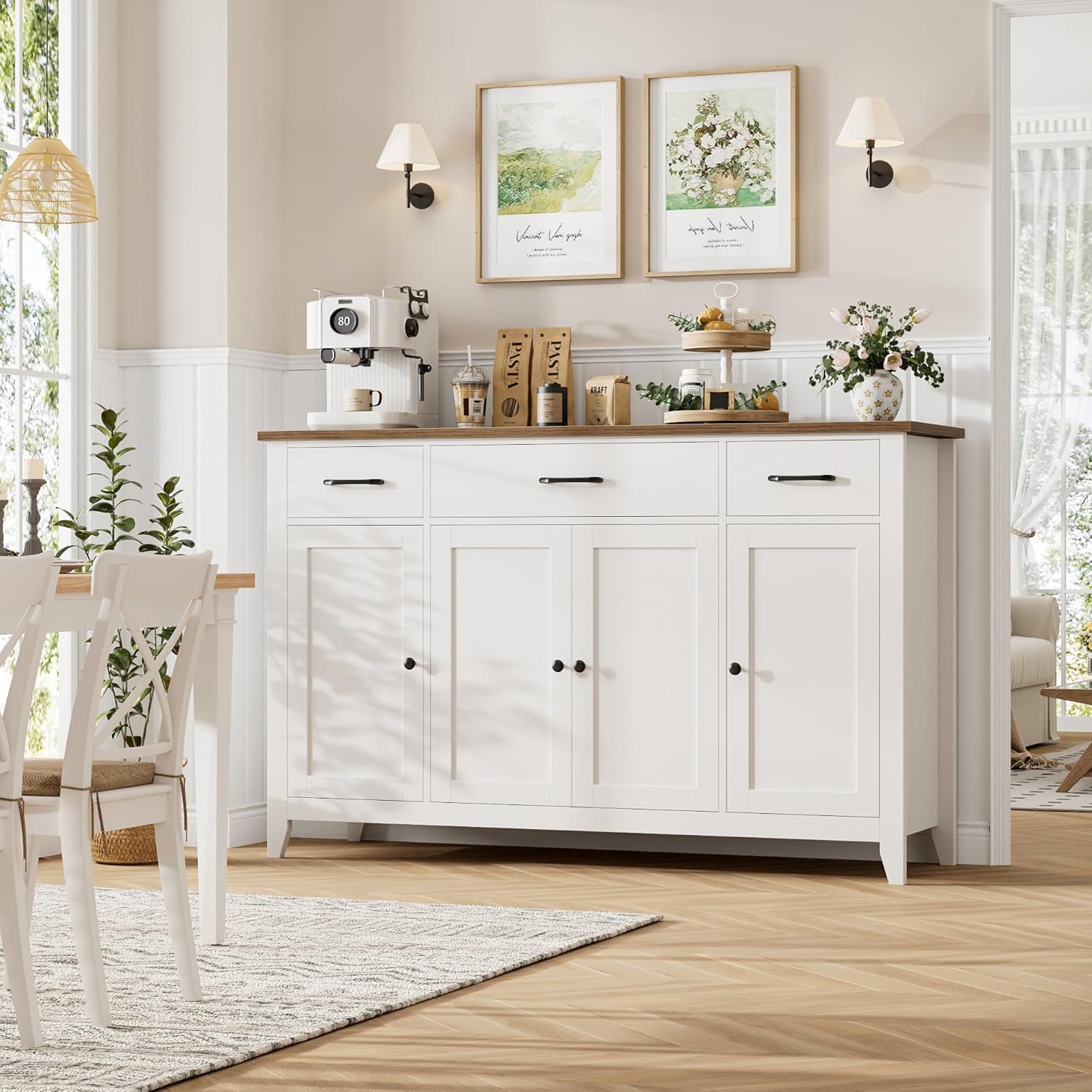 HORSTORS 55' Buffet Cabinet, Modern Farmhouse Sideboard Buffet with Drawers, Large Kitchen Storage Cabinet with Adjustable Shelves, Wood Coffee Bar for Kitchen, Dining Room, Living Room, White
