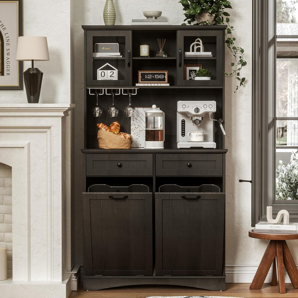 Tilt Out Trash Cabinet, Kitchen Pantry Storage Cabinets with Adjustable Shelves and Drawers, Wooden Freestanding Cabinet Trash Cans for Kitchen Living Room Dining Room, Black, 26 Gallons