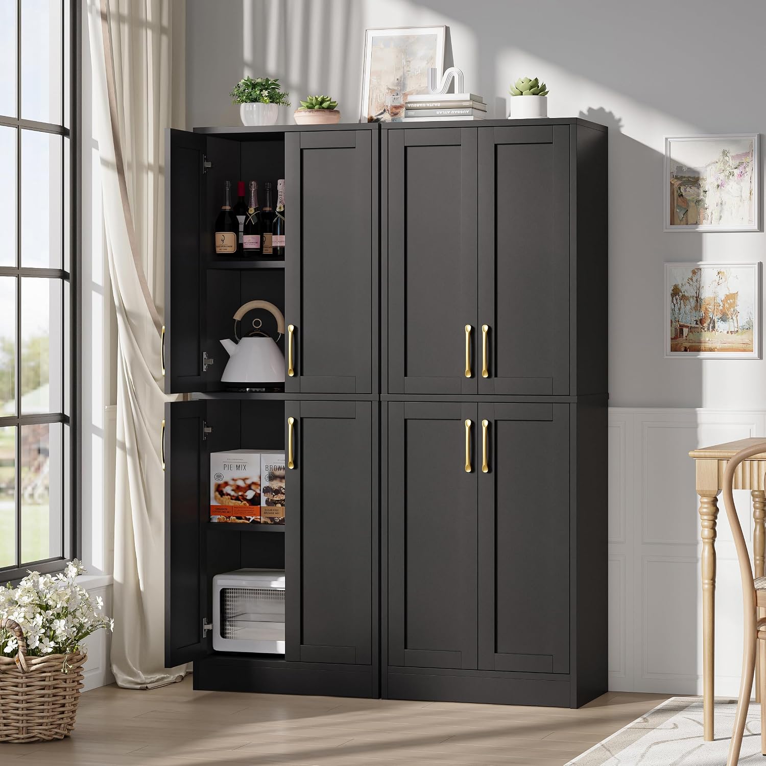 Pantry - Kitchen Pantry Cabinet with 4 Doors and Adjustable Shelves, Tall Black Cabinet Freestanding Storage Cupboard for Dining Room Living Room, Laundry, Bathroom (Black)