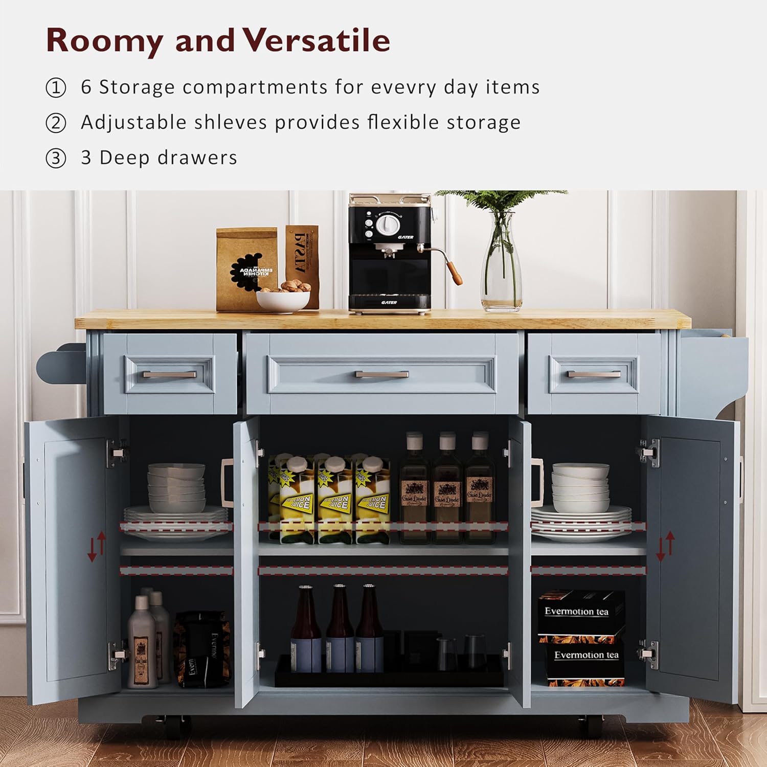 54' Rolling Storage Kitchen Island Cart on 4 Wheels with Drop Leaf, Embossed Texture, 4 Doors and 3 Drawers for Kitchen, Dining Room, Grey Blue, Rubber Wood Top