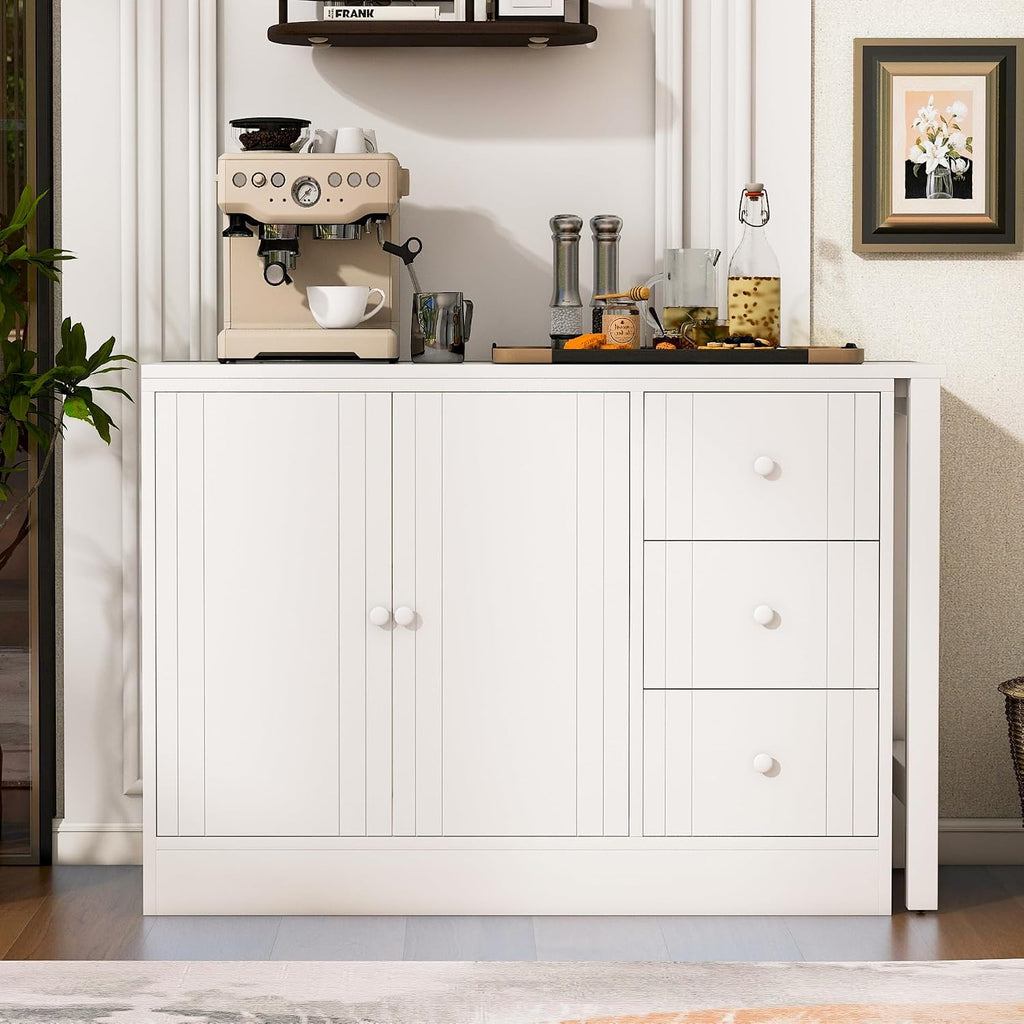 90' Extendable Freestanding Storage Cabinet, Kitchen Storage Bakers Rack with Adjustable Shelf, Utility Food Cupboard with Silent Drawers for Kitchen and Living Room, White