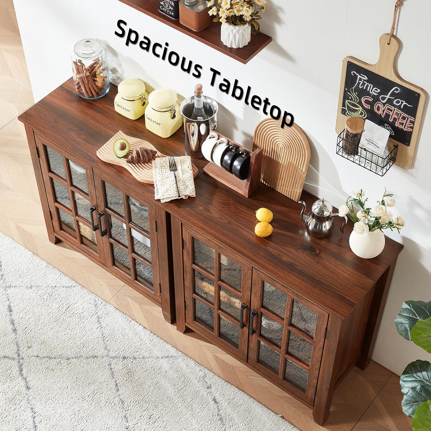 Large Sideboard Buffet Cabinet with Storage, 32' Farmhouse Brown Kitchen Coffee Wine Bar Cabinet with 2 Glass Doors, Wood Mid Century Modern Side Board Table for Dining Room, Living Room (2PCS)