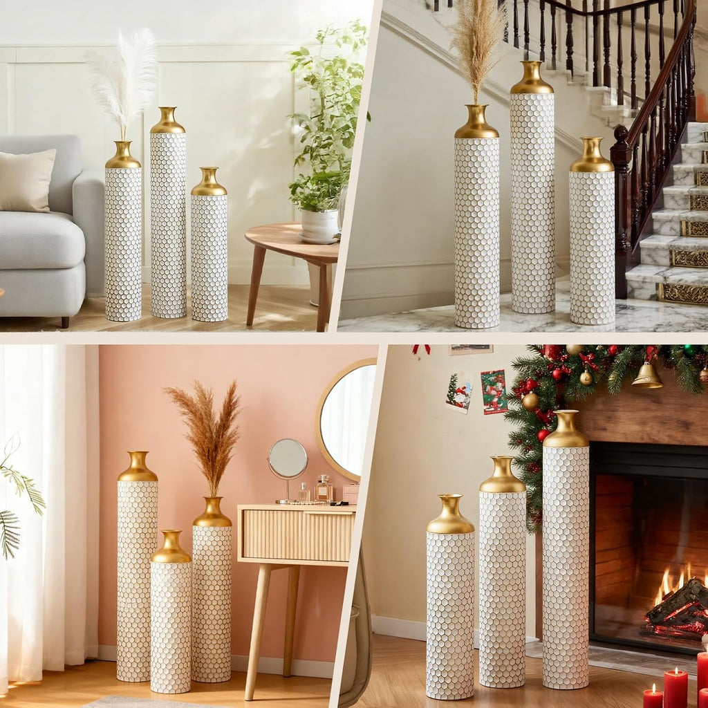 3-piece/Set Large Metal Floor Vases, Decorative Tall Set of 3 Handmade Vintage Modern Home Decor Center Vases Standing Flower Holder for Home Décor Indoor (White Gold Cellular)