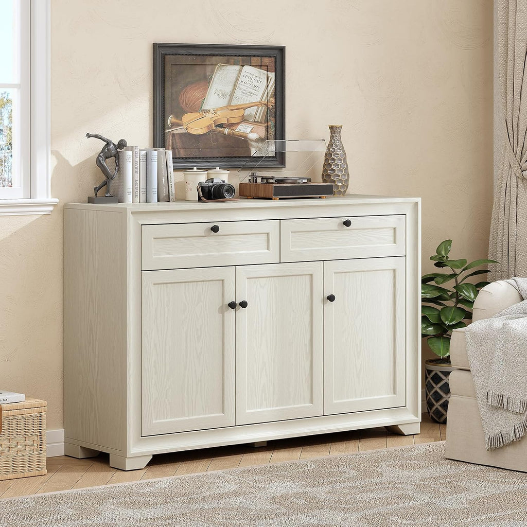 ONBRILL 48 Inches Sideboard Buffet Cabinet with Storage, Farmhouse Sideboard with 2 Drawers and 3 Doors, Wood Coffee Bar Cabinet with Adjustable Shelves for Living Room, Kitchen, Hallway, White