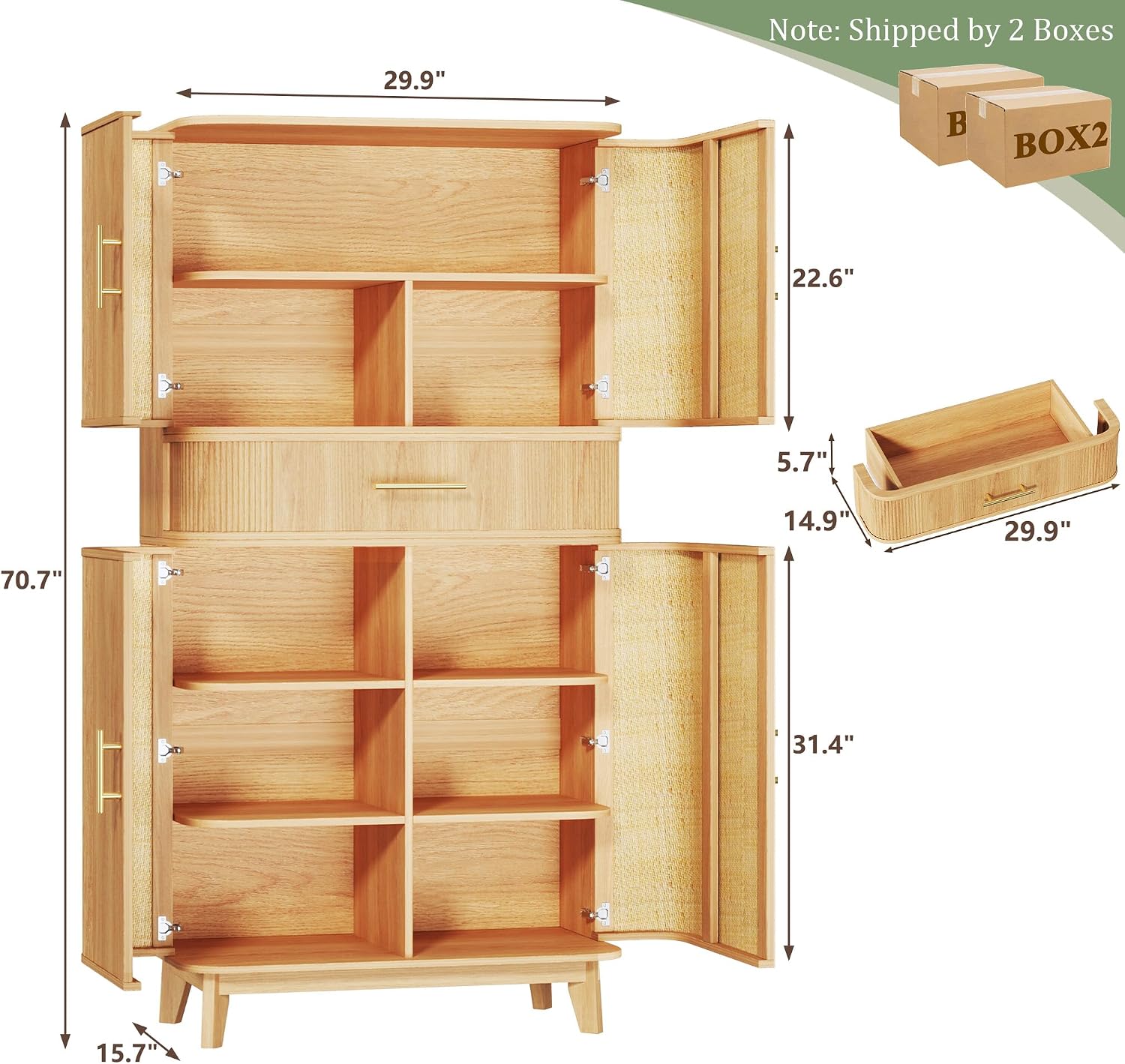 HUAHUU 71' Pantry Cabinet with Drawer, Kitchen Pantry Storage Cabinet with 4 Doors, Modern Curved Storage Cabinets with 10 Large Storage Spaces for Dining Room, Living Room, Oak