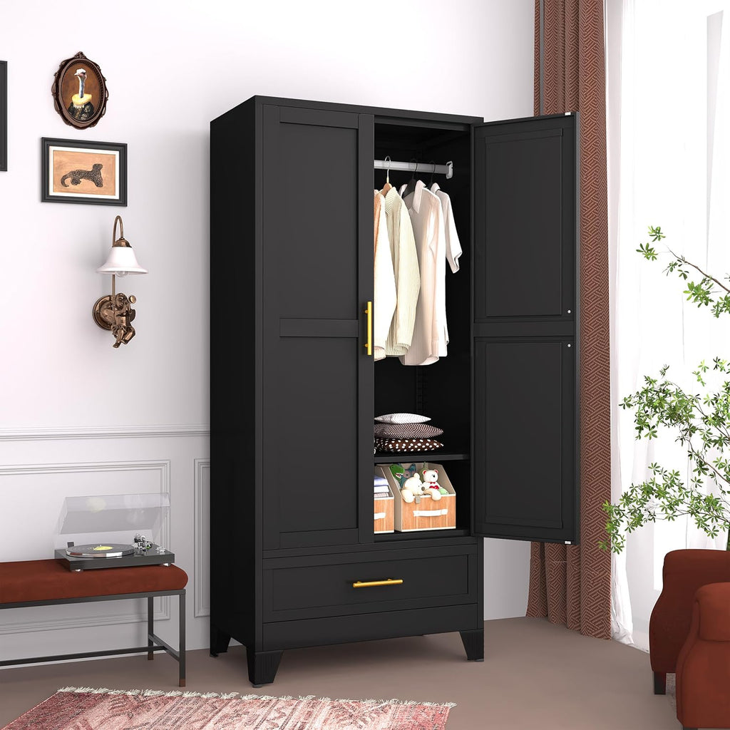 GAIOUS Steel Armoire Wardrobe Closet, 71' Household Wardrobe Cabinet with 2 Doors, 1 Adjustable Shelf and 1 Drawers, Metal Clothing Storage Cabinet with Hanging Rod for Bedroom, Cloak Room,Gym(Black)