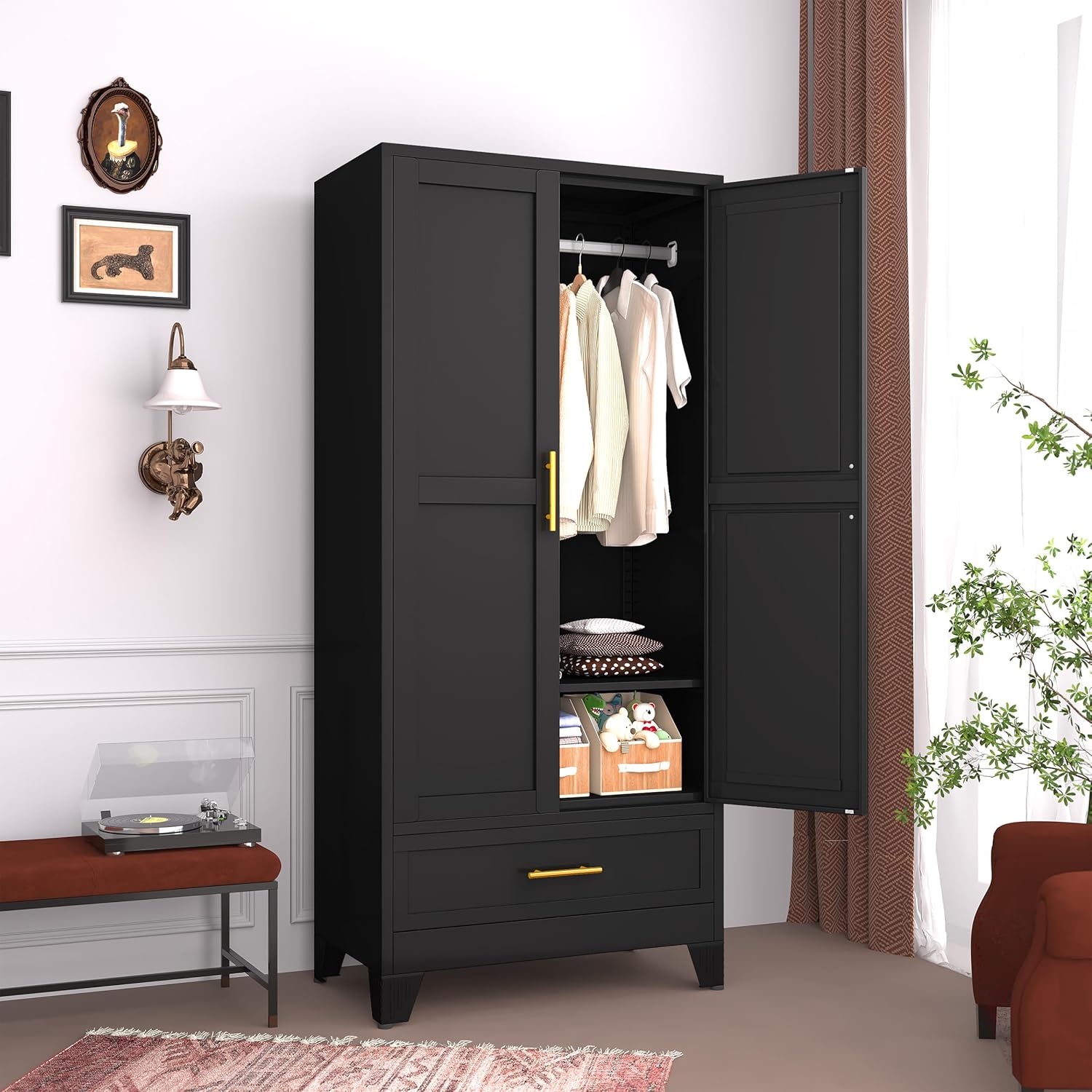 GAIOUS Steel Armoire Wardrobe Closet, 71' Household Wardrobe Cabinet with 2 Doors, 1 Adjustable Shelf and 1 Drawers, Metal Clothing Storage Cabinet with Hanging Rod for Bedroom, Cloak Room,Gym(Black)