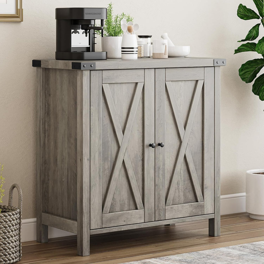 GarveeHome Small Storage Cabinet, Farmhouse Sideboard Buffet Cabinet with 2 Doors and Adjustable Shelves, Accent Entryway Console Cabinets for Living Room, Dining Room (Rustic Gray, 2 Pieces)