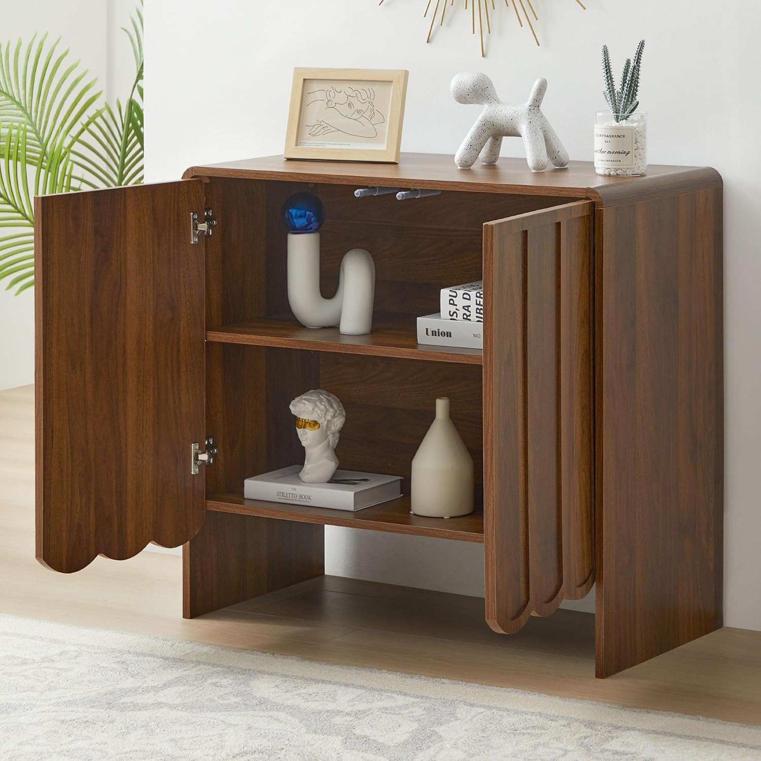 ORRD Sideboard Buffet Cabinet Set of 2, Accent Storage Cabinets with 2 Doors, Farmhouse Wood Cabinet with Adjustable Shelves and Wave Panel for Living Room, Dining Room, Entry - Walnut