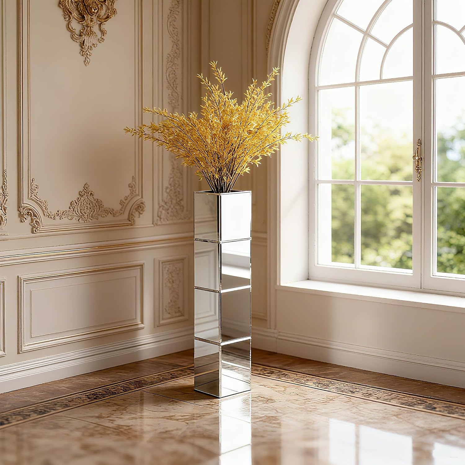 Tall Floor Vase Set of 2, 28 inch Mirrored Vases for Floor Home Decorative Large Cube Vase Silver for Dried Flower Modern Glass Vases for Living Room