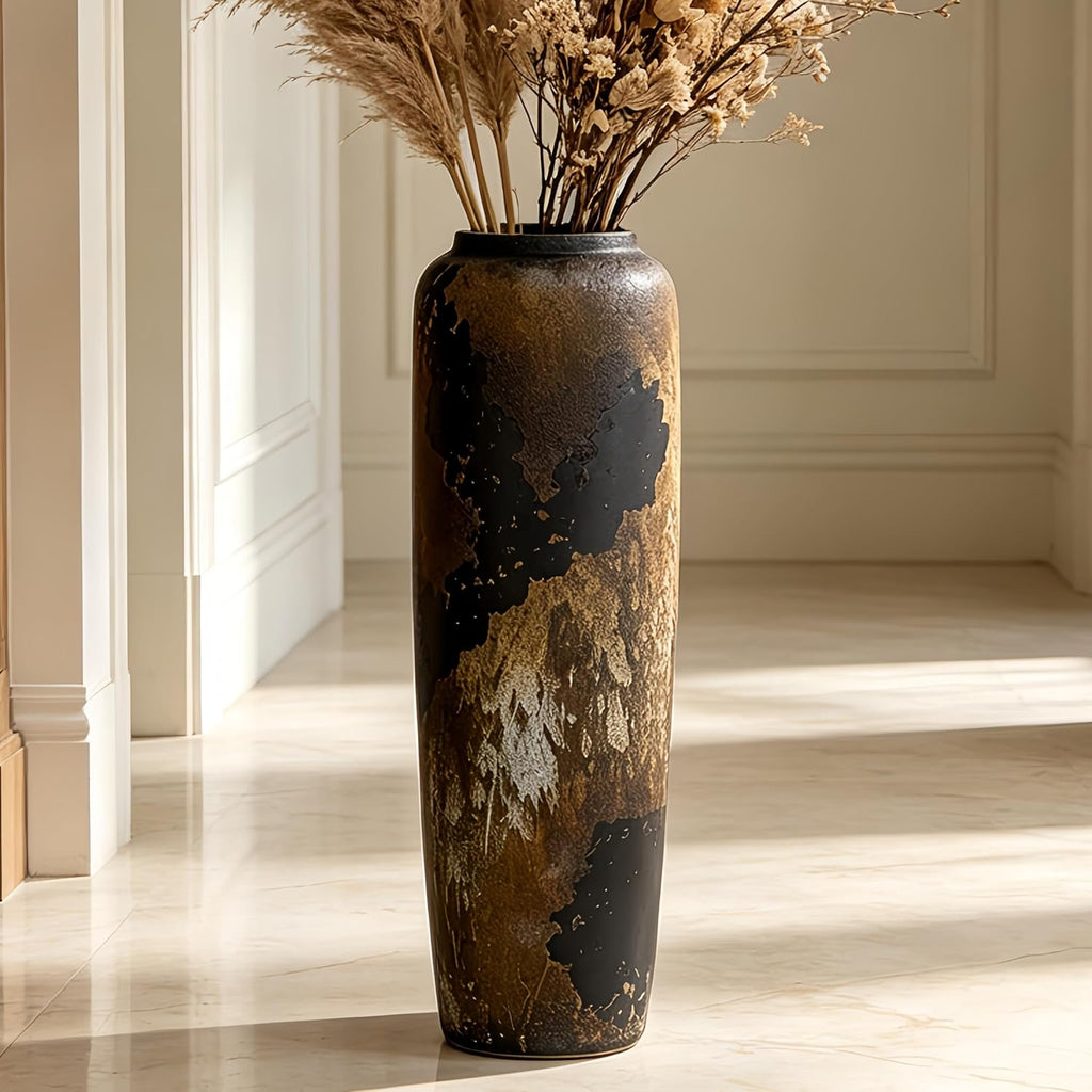Black Rustic Ceramic Tall Floor Vase, 23.6 Inch Vintage Large Farmhouse Vase Pottery Clay Terracotta Rustic Vases for Home Decor Living Room Entryway Table Centerpieces,Kitchen,Housewarming Gifts