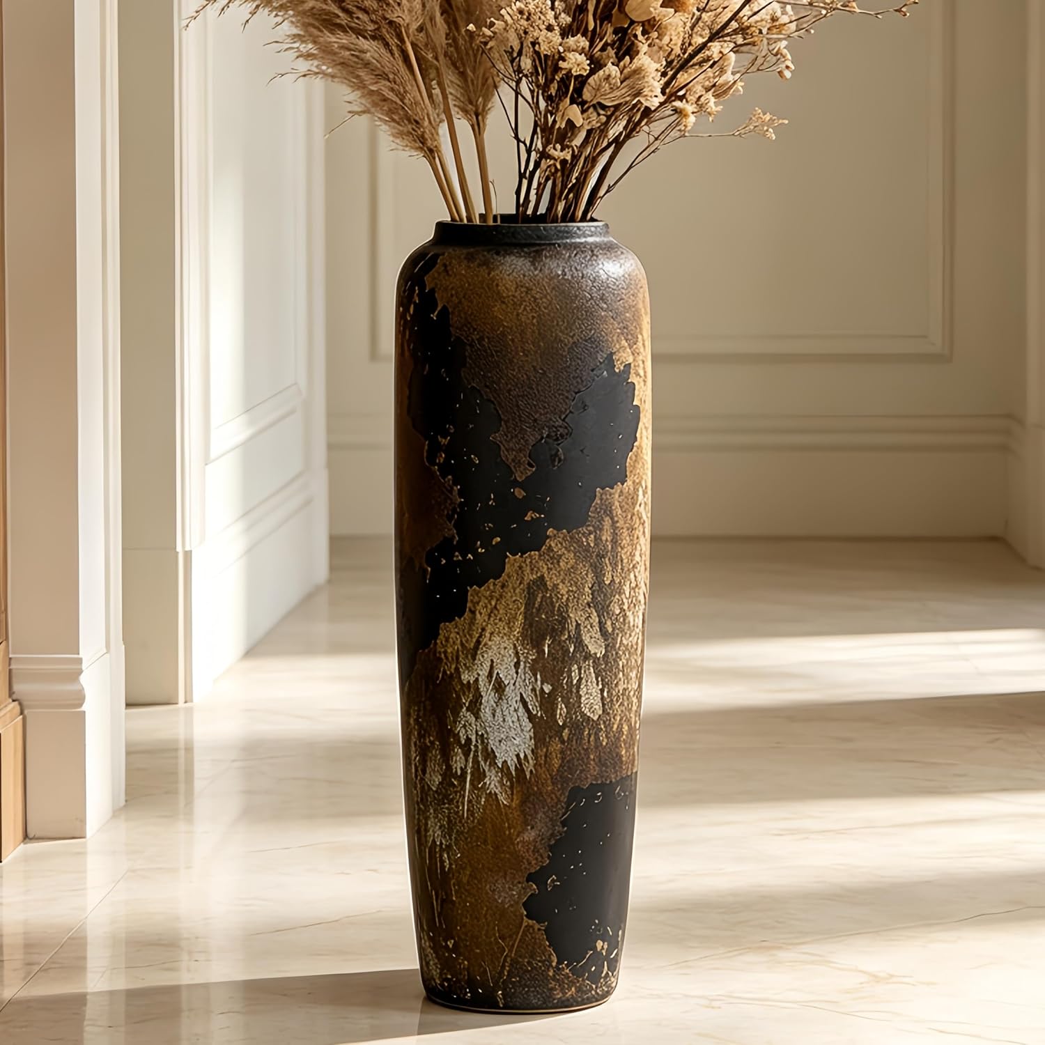 Black Rustic Ceramic Tall Floor Vase, 23.6 Inch Vintage Large Farmhouse Vase Pottery Clay Terracotta Rustic Vases for Home Decor Living Room Entryway Table Centerpieces,Kitchen,Housewarming Gifts