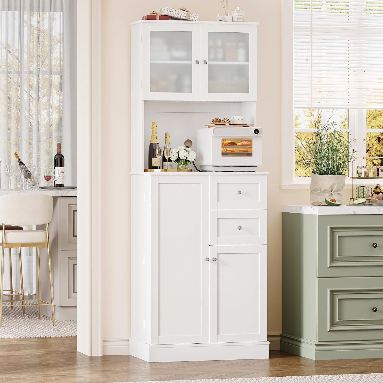 BOTLOG 72' Tall Kitchen Pantry Storage Cabinet, Kitchen Hutch Cabinet with Doors and Shelves, Modern Food Pantry with 2 Drawers for Dining Room, Living Room, White