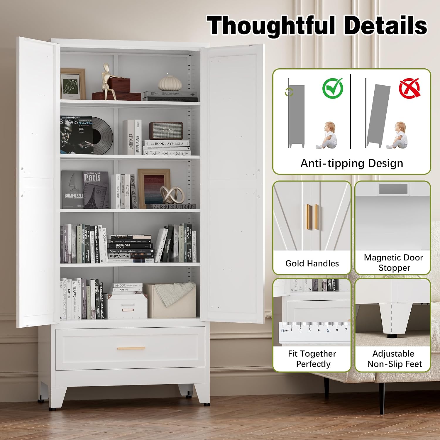 COFaR Metal Storage Cabinet, Farmhouse Storage Cabinet with 2 Doors and 4 Adjustable Shelves - 71' White Kitchen Pantry Storage 5-Tier Tall Steel Cabinets Locker for Kitchen, Living Room, Dining Room