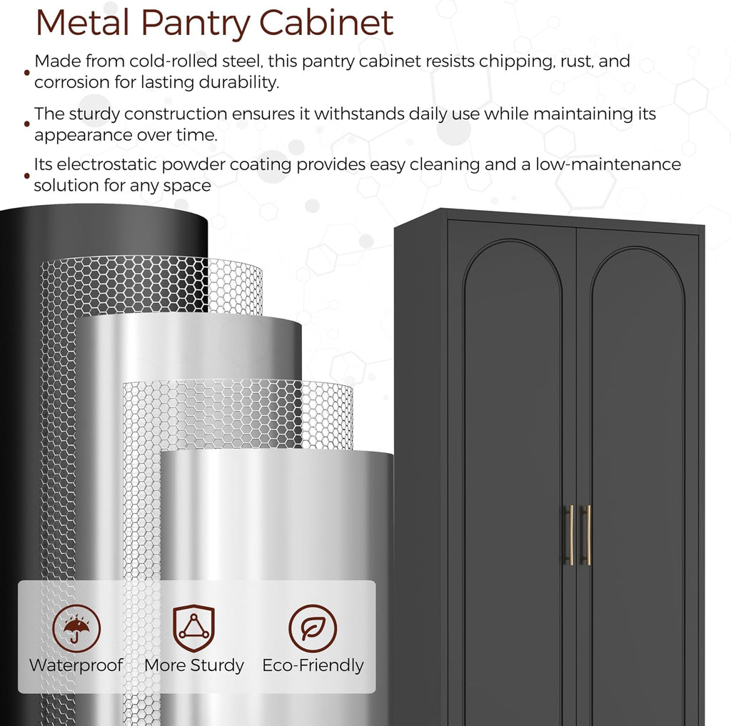 75' Tall Black Metal Storage Cabinet with Doors & Adjustable Shelves, Heavy-Duty Pantry Cabinet for Kitchen, Garage, Home Office, Living Room & School