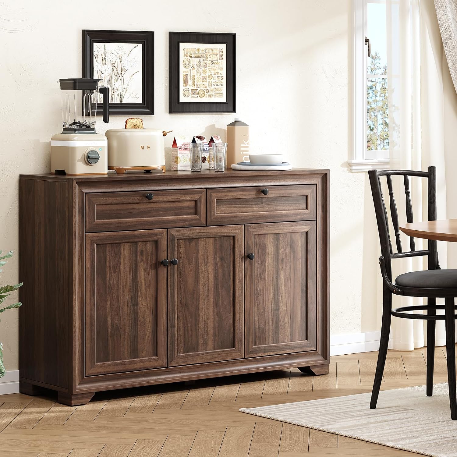 ONBRILL 48 Inches Sideboard Buffet Cabinet with Storage, Farmhouse Sideboard with 2 Drawers and 3 Doors, Wood Coffee Bar Cabinet with Adjustable Shelves for Living Room, Kitchen, Hallway, Brown