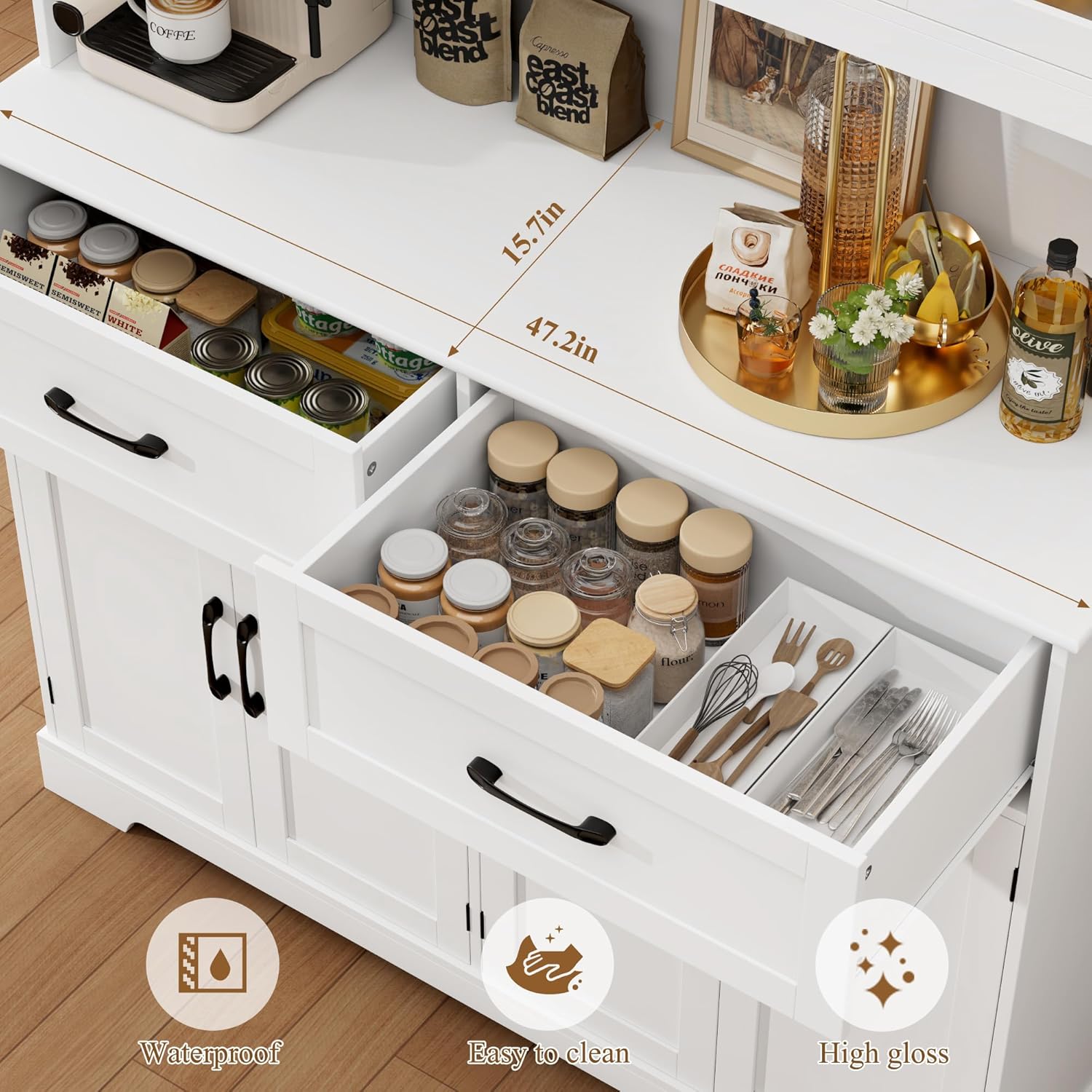 BOTLOG Pantry Storage Cabinet with Microwave Stand, 71' Tall Kitchen Hutch, Large White Pantry Cabinet with Glass Doors for Dining Room