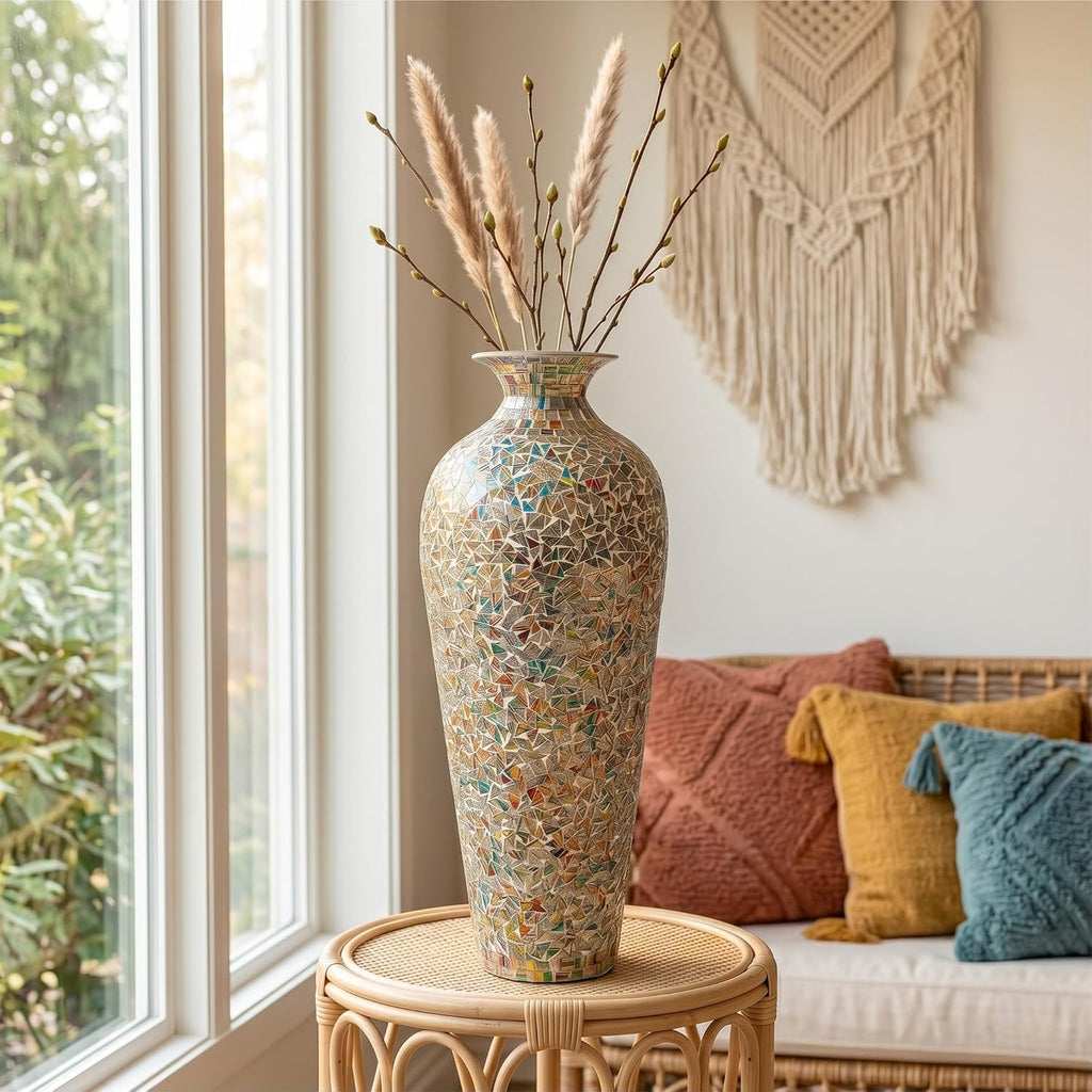 20 Inch Mosaic Floor Vase – Tall Handmade Iron Boho Vase with Rainbow Multicolor Glass Tile | Decorative Centerpiece for Living Room, Bedroom, Entryway | Dried Flower & Pampas Grass Holder