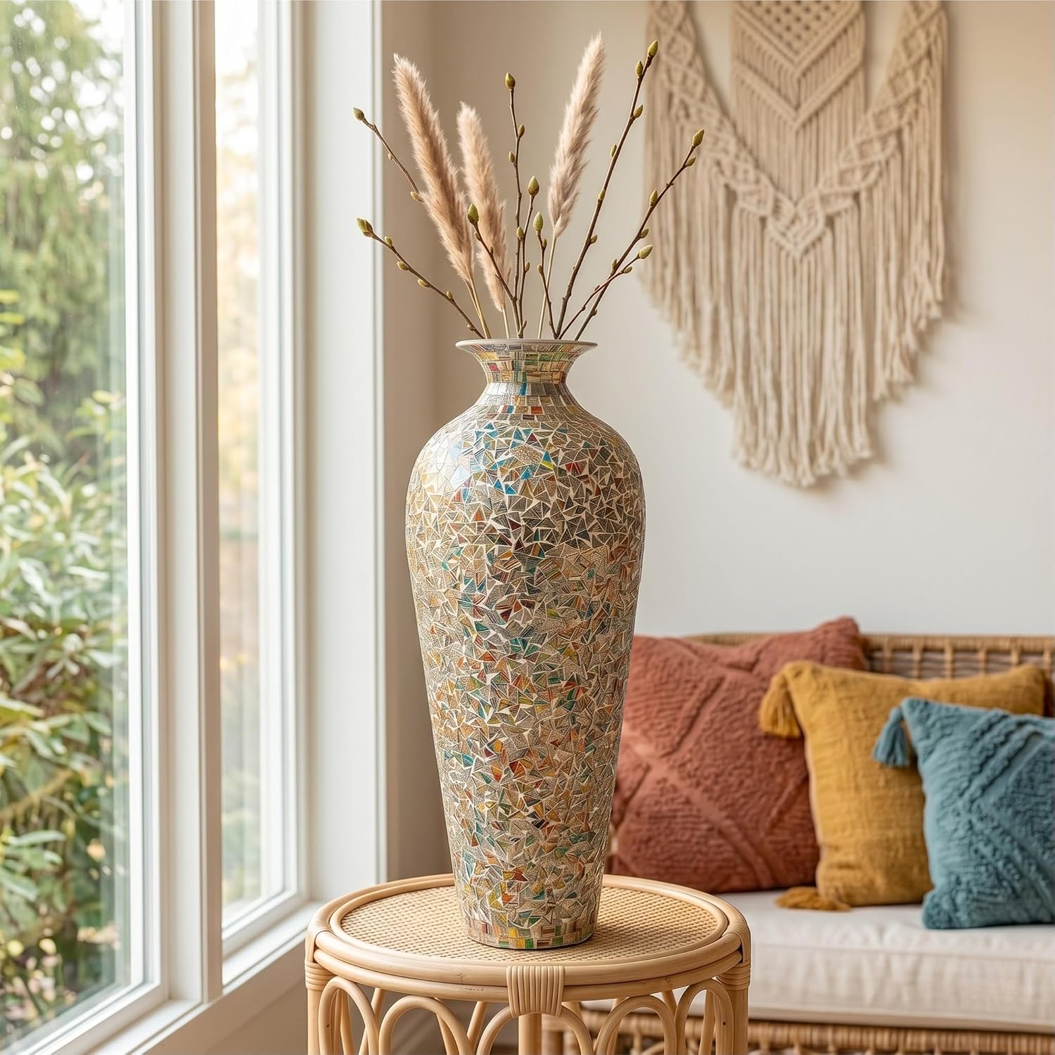 20 Inch Mosaic Floor Vase – Tall Handmade Iron Boho Vase with Rainbow Multicolor Glass Tile | Decorative Centerpiece for Living Room, Bedroom, Entryway | Dried Flower & Pampas Grass Holder