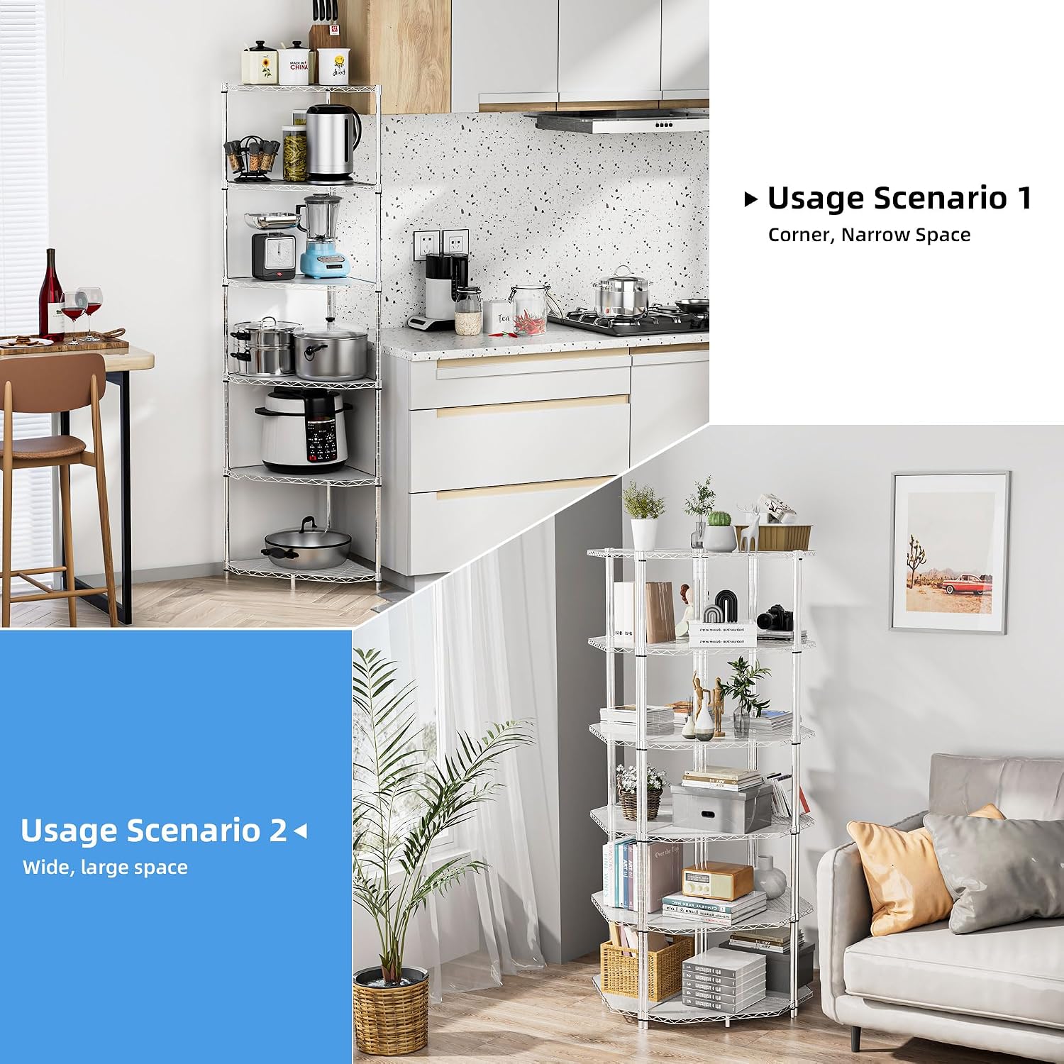 Pentagonal Corner Storage Rack, 6 Tier Metal Corner Shelf Wire Shelving Unit, 600lbs Capacity, NSF, Adjustable Height, Leveling Feet and Liners, Ideal for Bathroom, Kitchen, 72'H x 20'L x 20'W Chrome