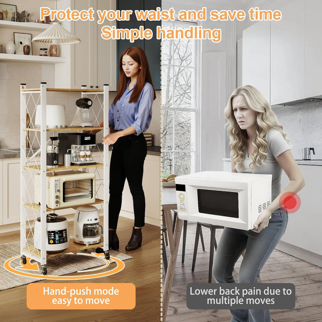 5-Tier Foldable Storage Shelves with Wheels | Portable Structure, Suitable for kitchen, bedroom, living room, bathroom, garage, wood grain transfer, 59*26*13in