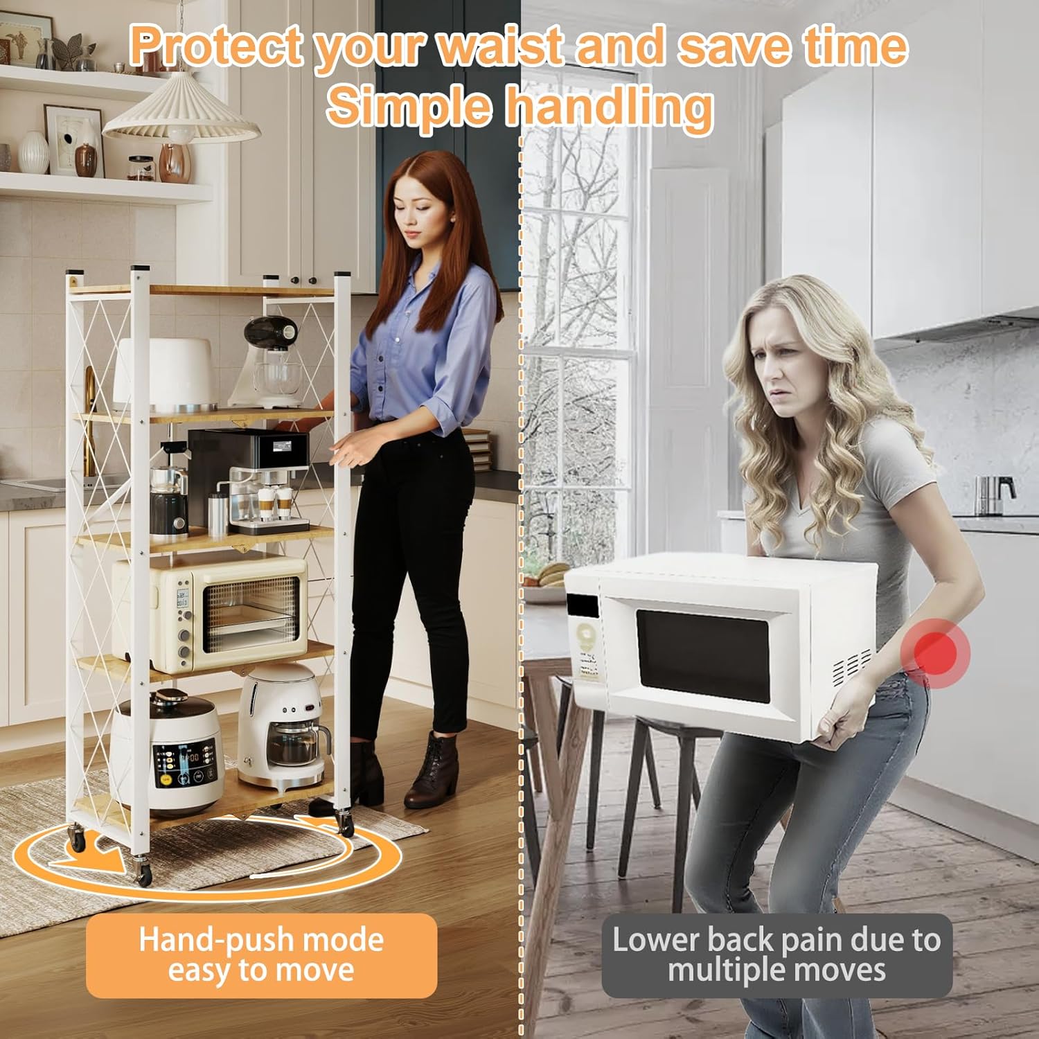 5-Tier Foldable Storage Shelves with Wheels | Portable Structure, Suitable for kitchen, bedroom, living room, bathroom, garage, wood grain transfer, 59*26*13in