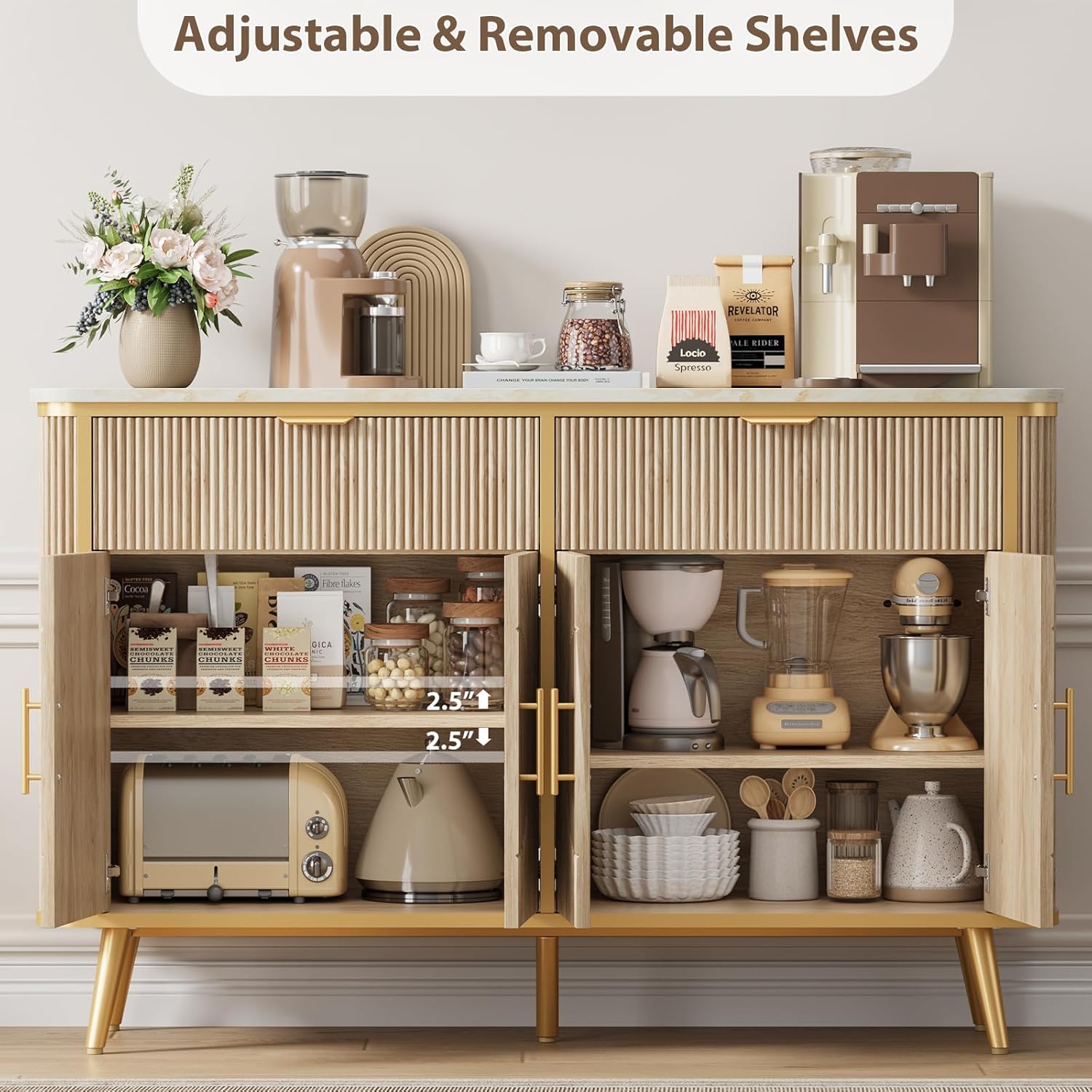 47.2' Buffet Storage Cabinet, Modern Fluted Coffee Bar Station with 2 Drawers & Adjustable Shelves, Kitchen Sideboard Buffet for Dining Room, Living Room, Hallway, Natural Oak