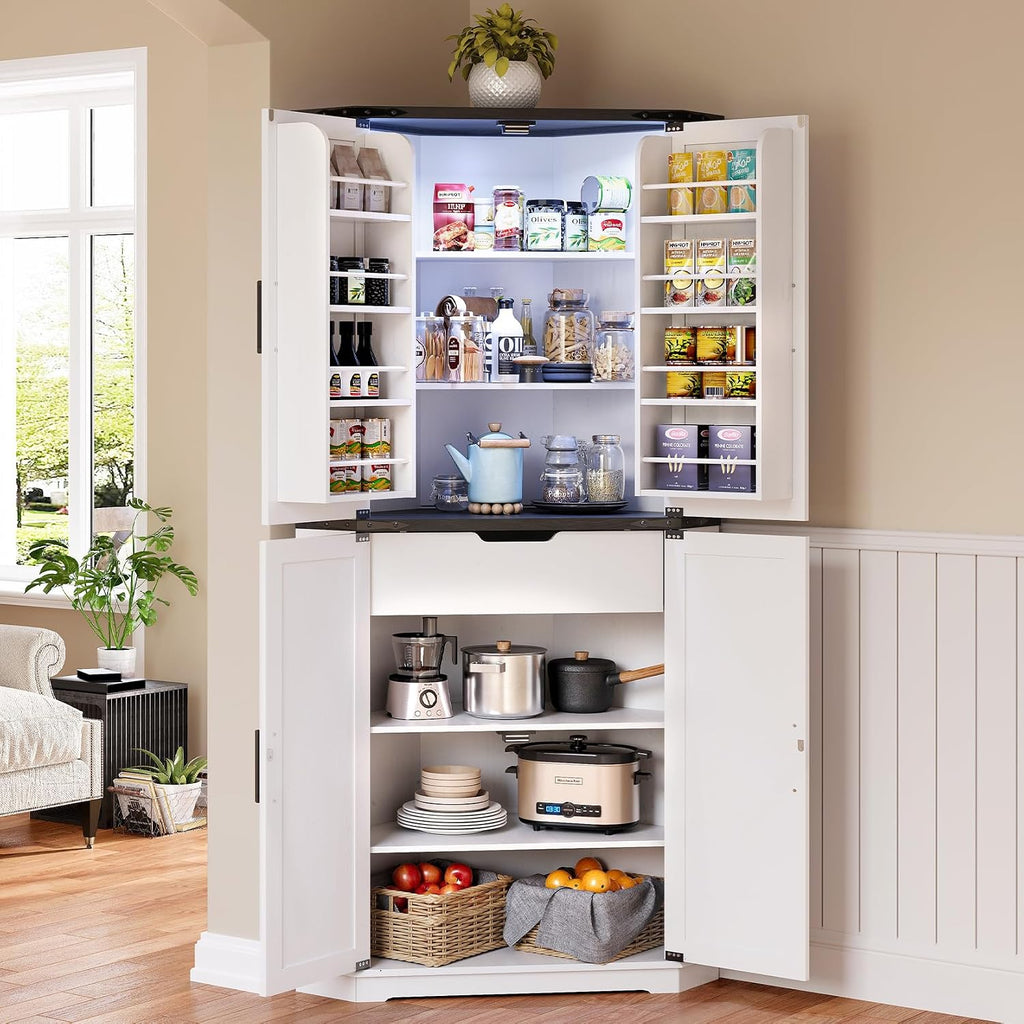 Dripex 71' White Farmhouse Corner Pantry Cabinet with LED Light, Tall Storage Cabinet with Doors & Adjustable Shelves, Food Pantry for Kitchen, Living Room, Dining Room