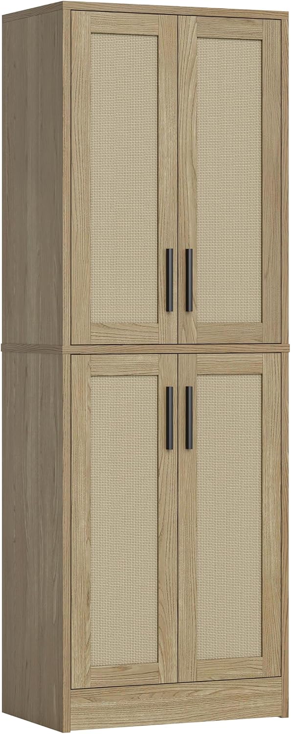 Pantry Cabinet - Tall Kitchen Pantry Storage Cabinet with 4 Rattan Doors and Adjustable Shelves, Wood Cupboard for Kitchen, Dining Room, Bathroom, Hallway, Laundry Room, Living Room