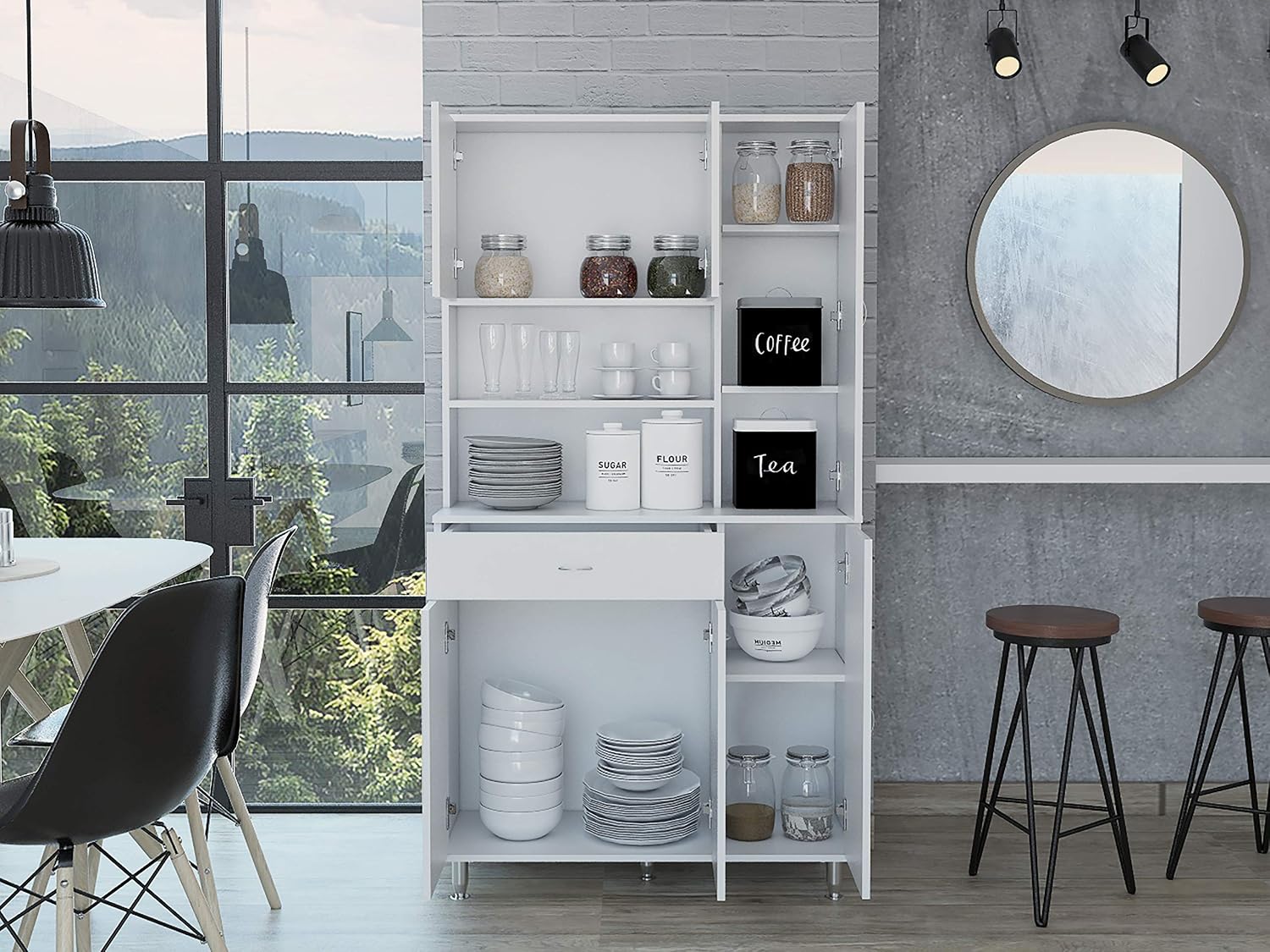 66' 10-Shelf & 1-Drawer Freestanding Storage Cabinet, Kitchen Storage Bakers Rack with 6 Covered Doors, Utility Food Cupboard for Home Kitchen Areas, White