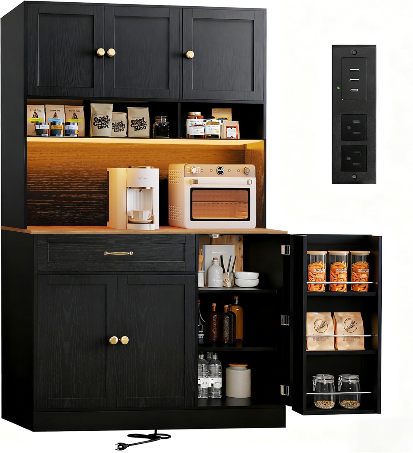 FJTJBSI 72' Kitchen Pantry Cabinet with LED Light and Charging Station Tall Pantry Storage Cabinet with Adjustable Shelves and Door Shelves Modern Kitchen Hutch with Countertop Black