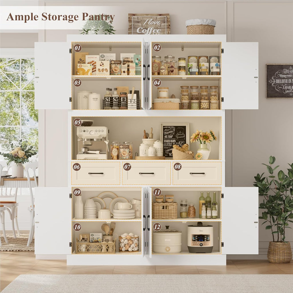 HITHOS 76' Tall Kitchen Pantry Storage Cabinet, 55' Wide Kitchen Hutch Cabinet with Storage Drawers, Large Food Pantry with Microwave Stand, Modern Cupboard with Hutch for Dining Living Room, White