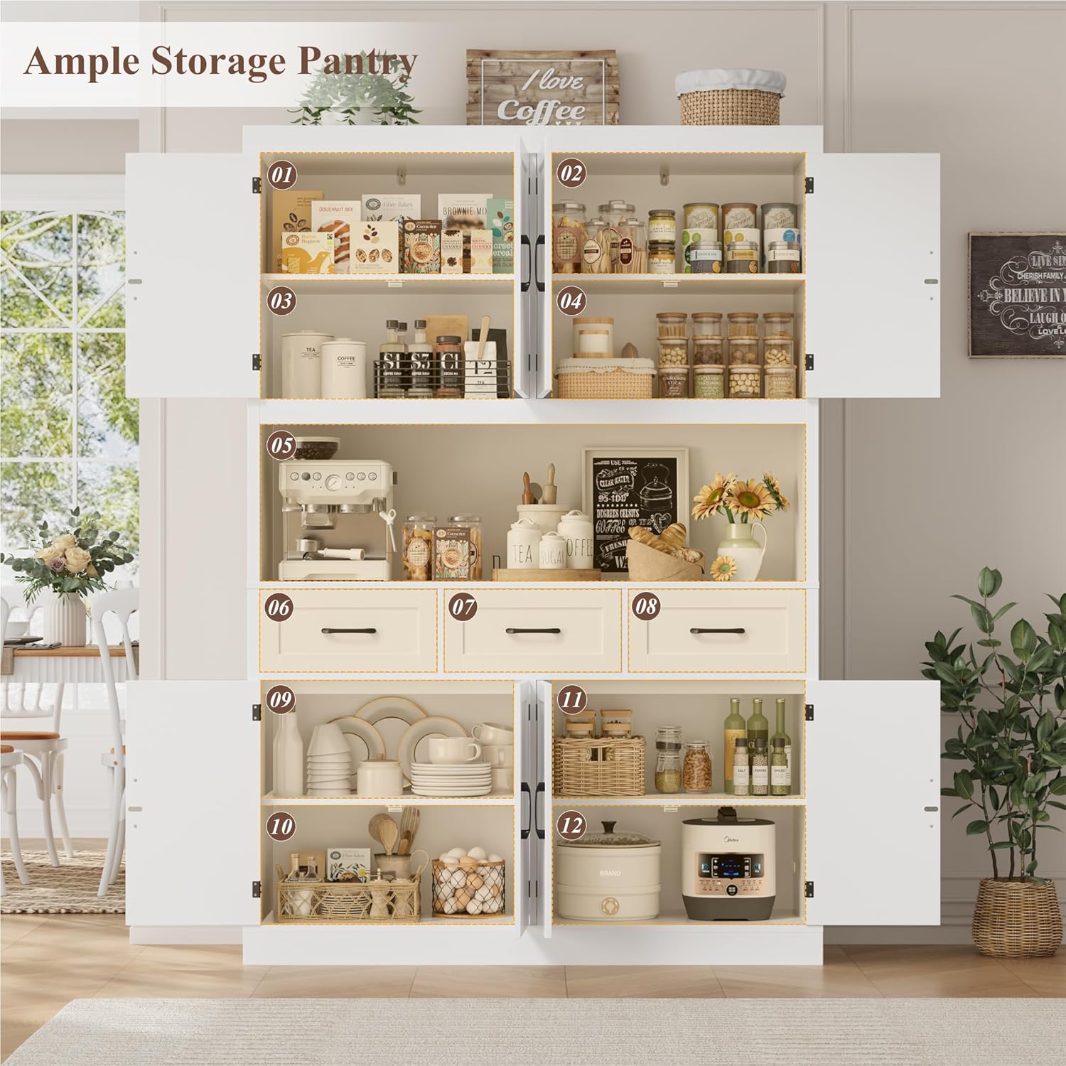 HITHOS 76' Tall Kitchen Pantry Storage Cabinet, 55' Wide Kitchen Hutch Cabinet with Storage Drawers, Large Food Pantry with Microwave Stand, Modern Cupboard with Hutch for Dining Living Room, White