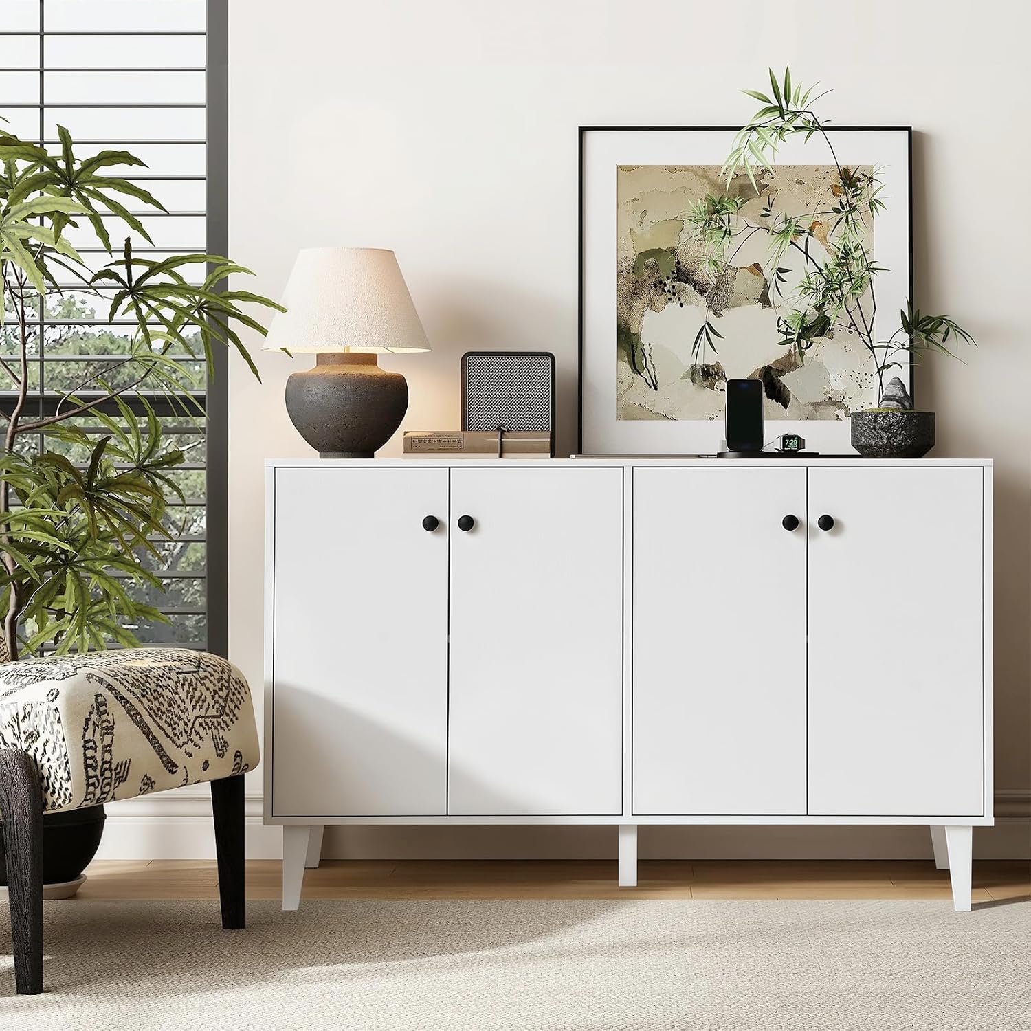 Panana Sideboard Buffet Cabinet Kitchen Storage Cabinet Living Room 4 Doors Console Table (White)