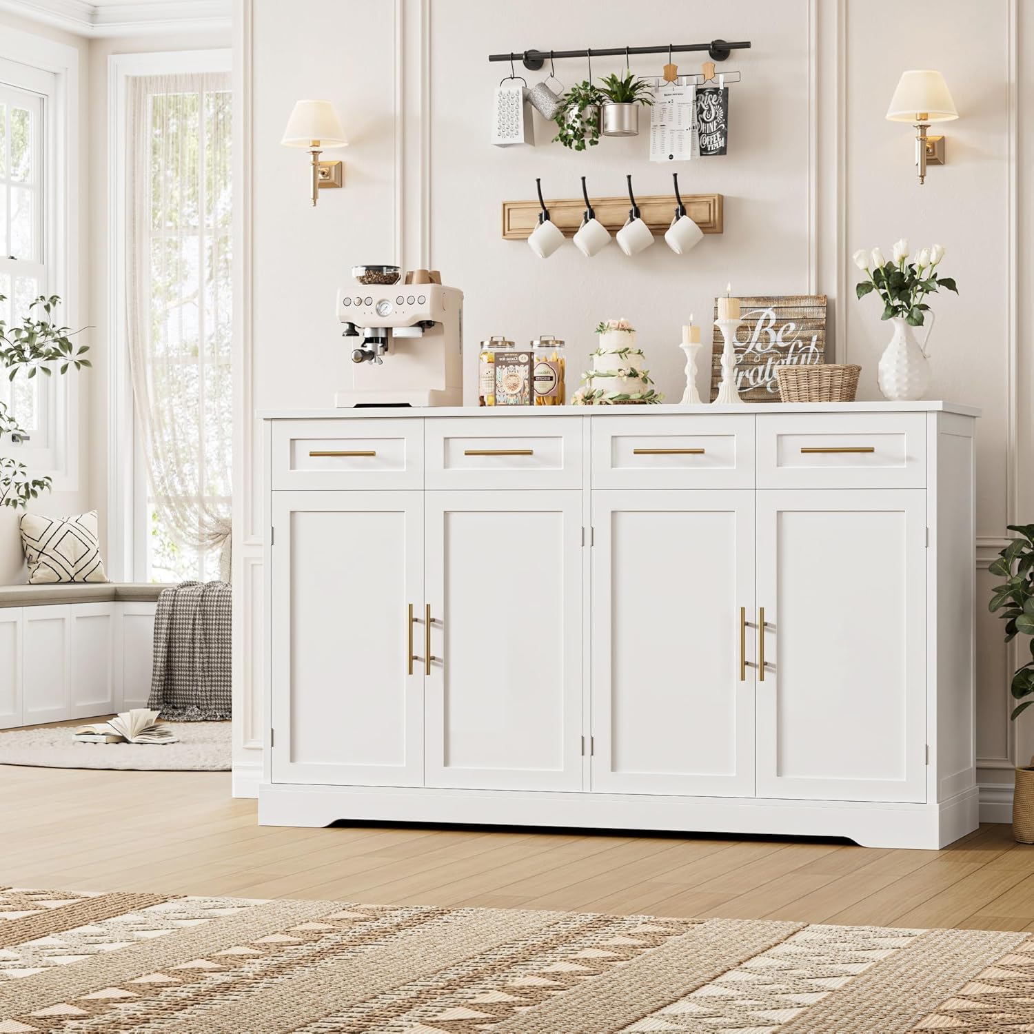 HOSTACK 60' Large Buffet Sideboard with Storage, 36' Tall Kitchen Buffet Storage Cabinet with 4 Drawers, Modern Coffee Bar Cabinet with Gold Handles, Long Sideboard Buffet Table for Kichen, White