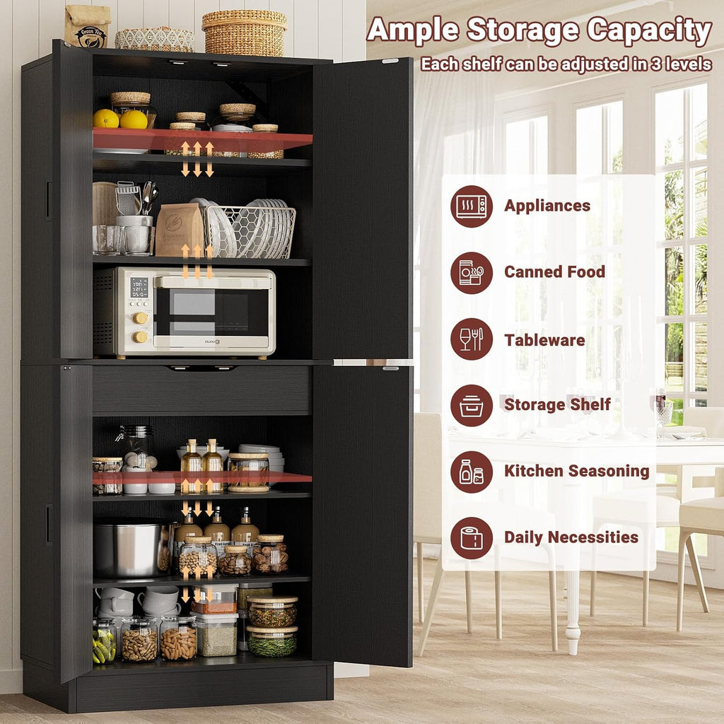 Unikito Black 71' Tall Kitchen Pantry Cabinet, Hidden Drawer and Farmhouse Barn Doors, 4 Adjustable Shelves, Freestanding Cupboard for Kitchen, Dining Room, Living Room, Utility Room