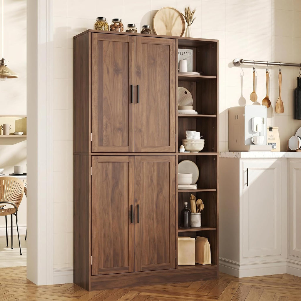 holzart 63' Tall Kitchen Pantry Cabinet, Freestanding Dining Room Storage Hutch with 4 Doors and Adjustable Shelves, Modern Utility Cupboard for Coffee Bar and Microwave, Brown