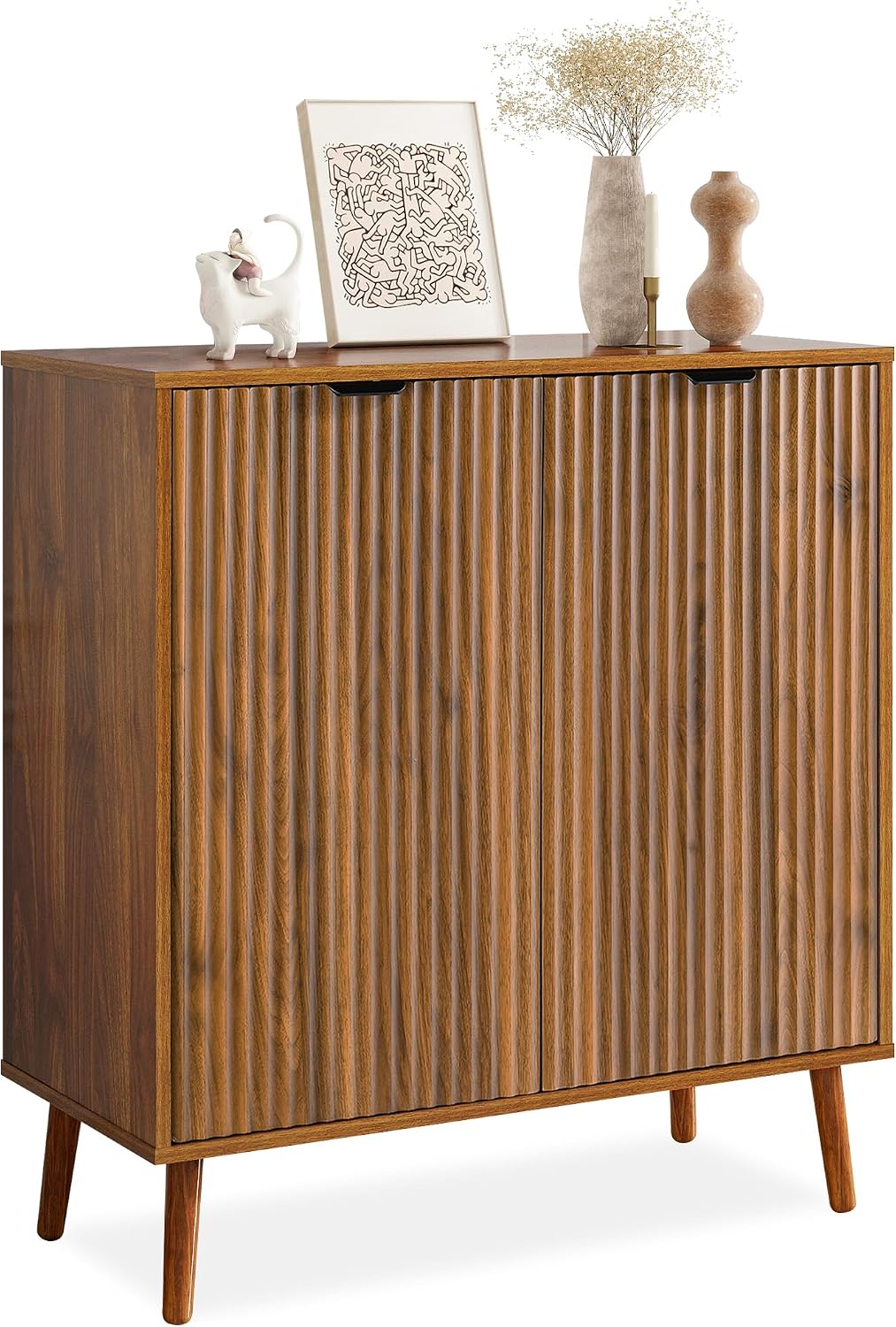 LYNCOHOME Fluted Sideboard Buffet Cabinet with Storage, 2 Doors with Solid Wood Feet for Kitchen, Hallway