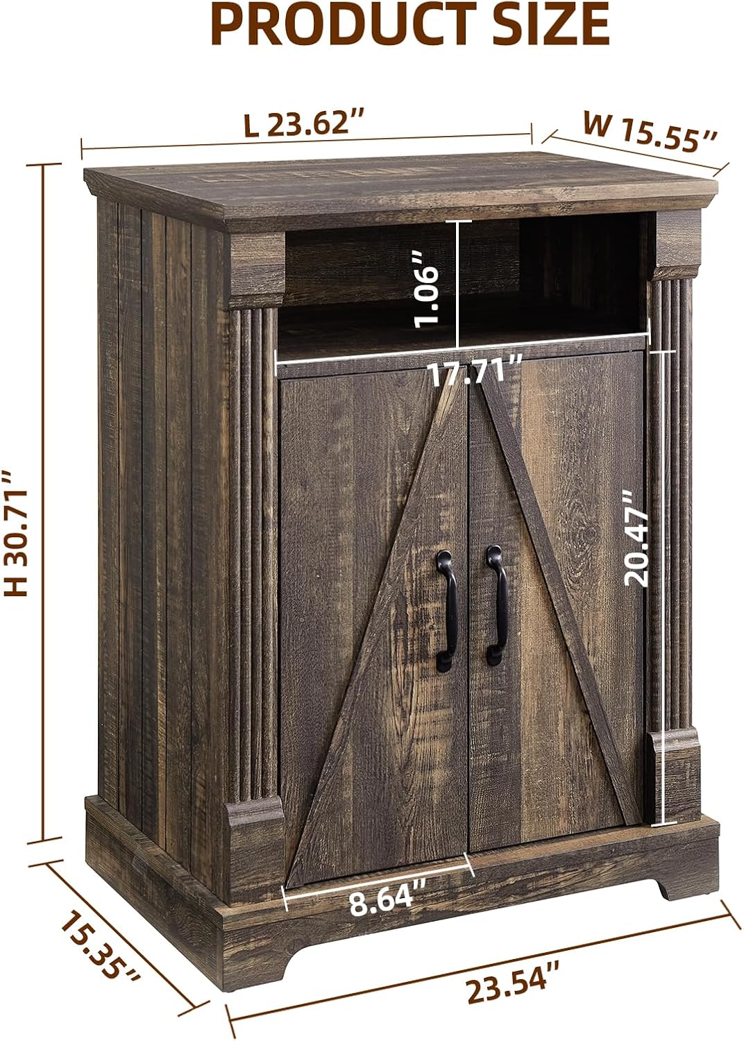 24' Farmhouse Storage Cabinet with Barn Doors, Dark Rustic Oak Freestanding Sideboard Buffet with Adjustable Shelf, Pantry Hutch Coffee Bar for Kitchen Bathroom Living Room - Small Floor Cabinet
