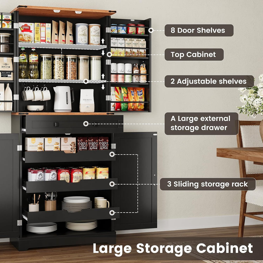 ELYKEN 72' Pantry Cabinet, Kitchen Storage Cabinet with 3 Pull Out Shelves & 8 Door Shelves, Tall Kitchen Pantry Cabinet with Adjustable Shelf, Kitchen Hutch with Large Drawer,for Dining Room