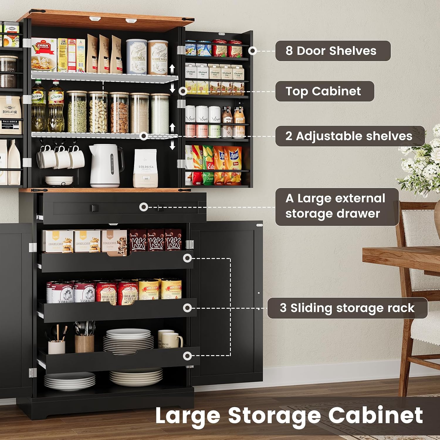ELYKEN 72' Pantry Cabinet, Kitchen Storage Cabinet with 3 Pull Out Shelves & 8 Door Shelves, Tall Kitchen Pantry Cabinet with Adjustable Shelf, Kitchen Hutch with Large Drawer,for Dining Room