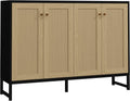 Panana Sideboard Accent Storage Cabinet with Rattan Decorated 4 Doors Dining Room Freestanding Kitchen Buffet Table Cupboard (Black)