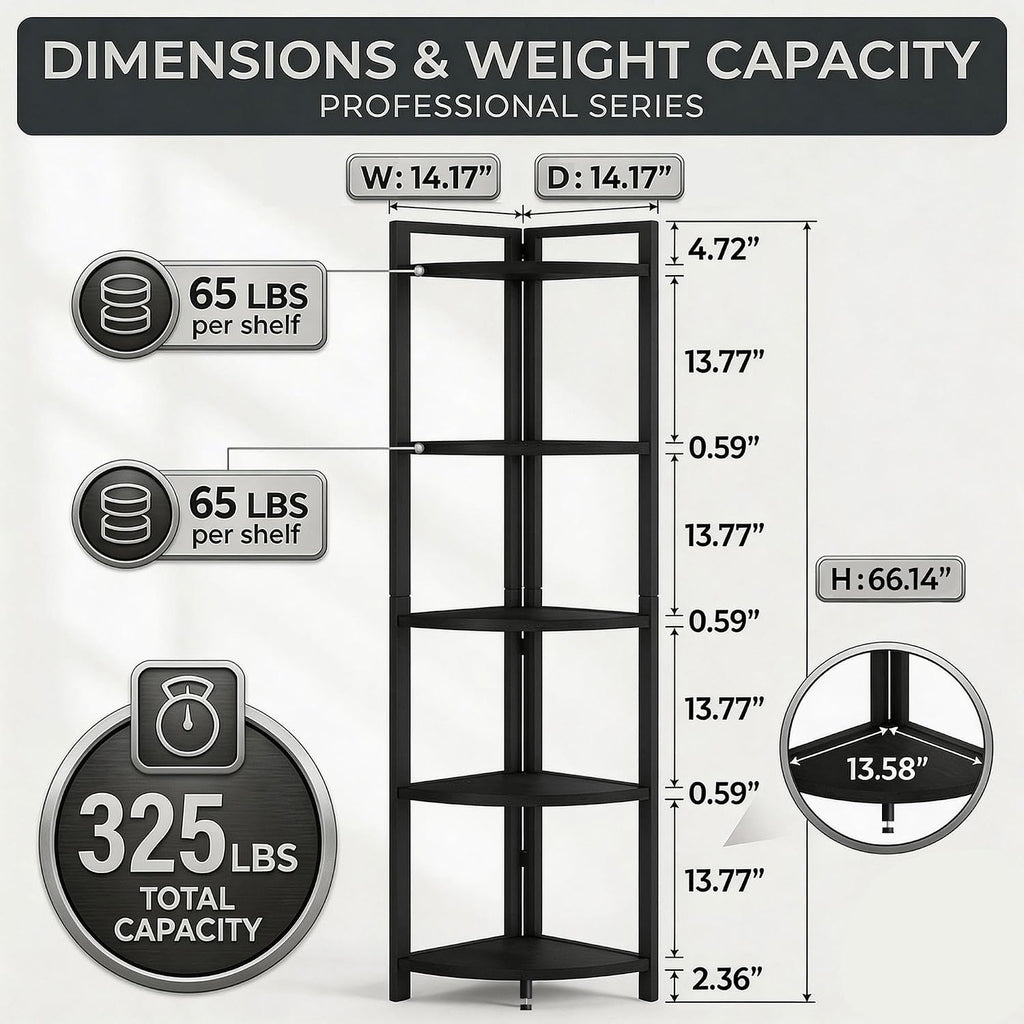 FATORRI Rustic Tall Corner Shelf, 5 Tier Industrial Corner Bookshelf for Living Room, Dark Wood and Metal Corner Plant Stand for Balcony (Black)