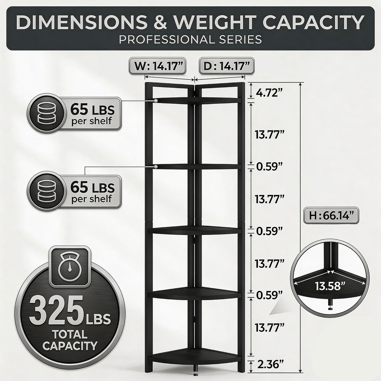FATORRI Rustic Tall Corner Shelf, 5 Tier Industrial Corner Bookshelf for Living Room, Dark Wood and Metal Corner Plant Stand for Balcony (Black)