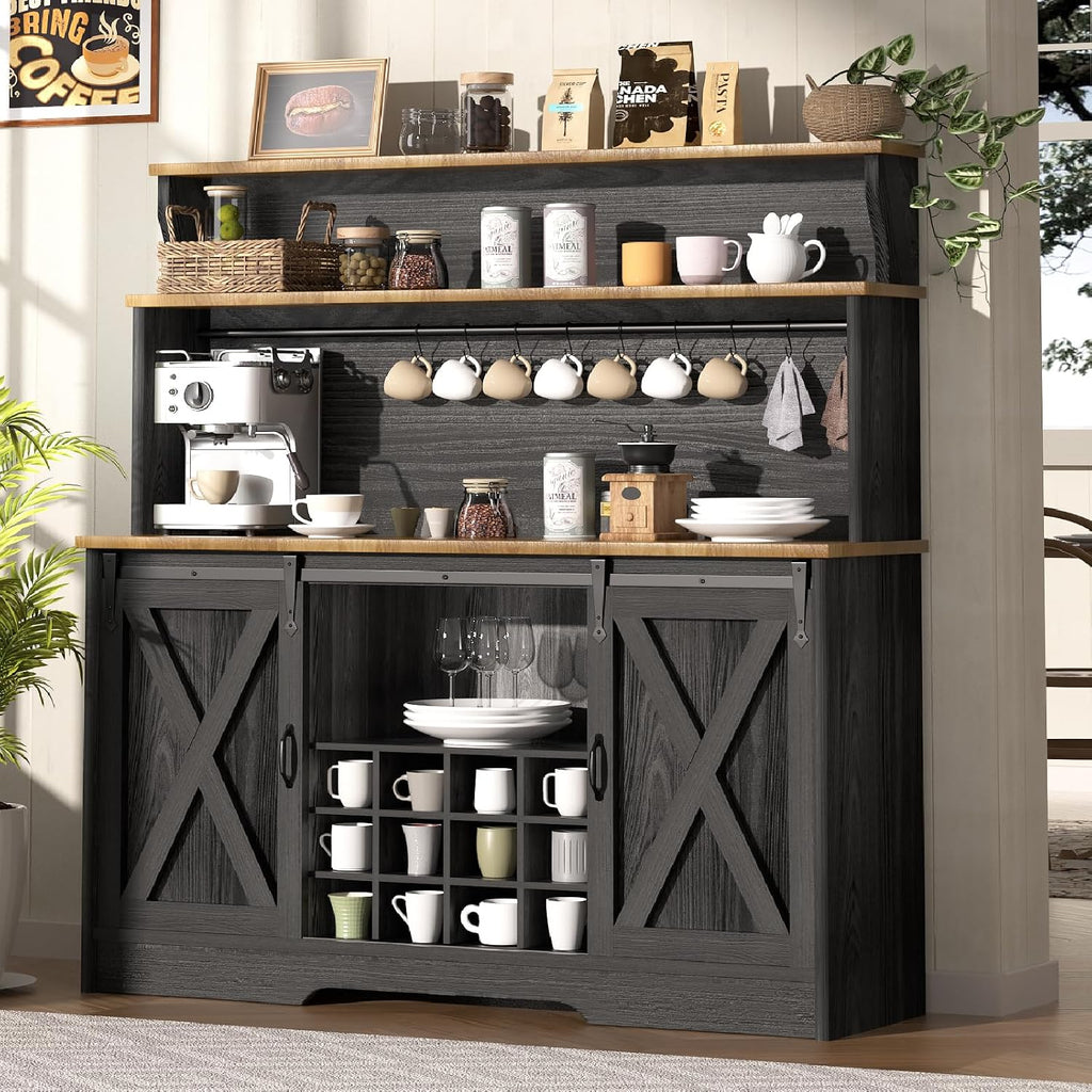 BestHaped 55'' Farmhouse Coffee Bar Cabinet with 3 Tier Storage Hutch, Coffee Bar Station with Sliding Barn Door, Hutch Storage Cabinet with 12 Wine Racks & 9 Hooks for Kitchen Dining Living Room